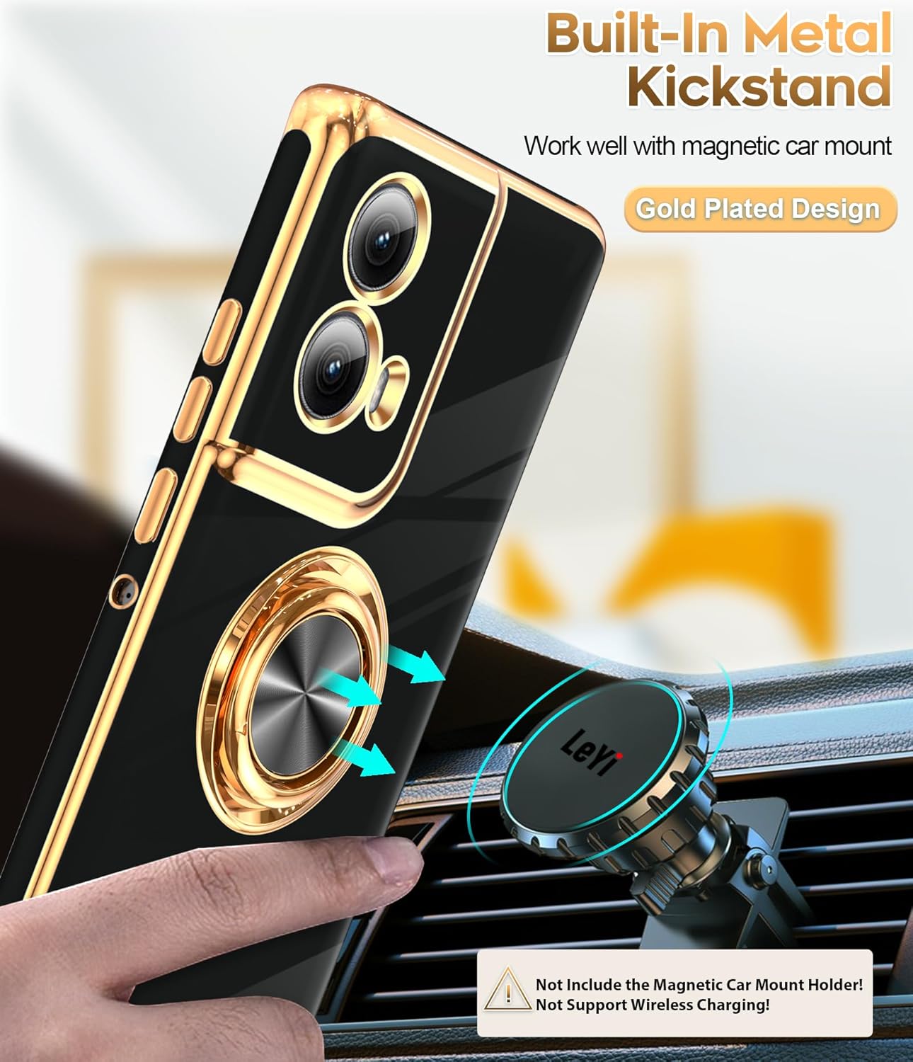 LeYi for Motorola-Edge-2024-Case: 【NOT FIT Edge 50/ G 5G 2024】 with 360° Rotatable Ring Holder Magnetic Kickstand, Plating Rose Gold Edge Protective for Motorola Moto Edge 5G 2024 Case, Black