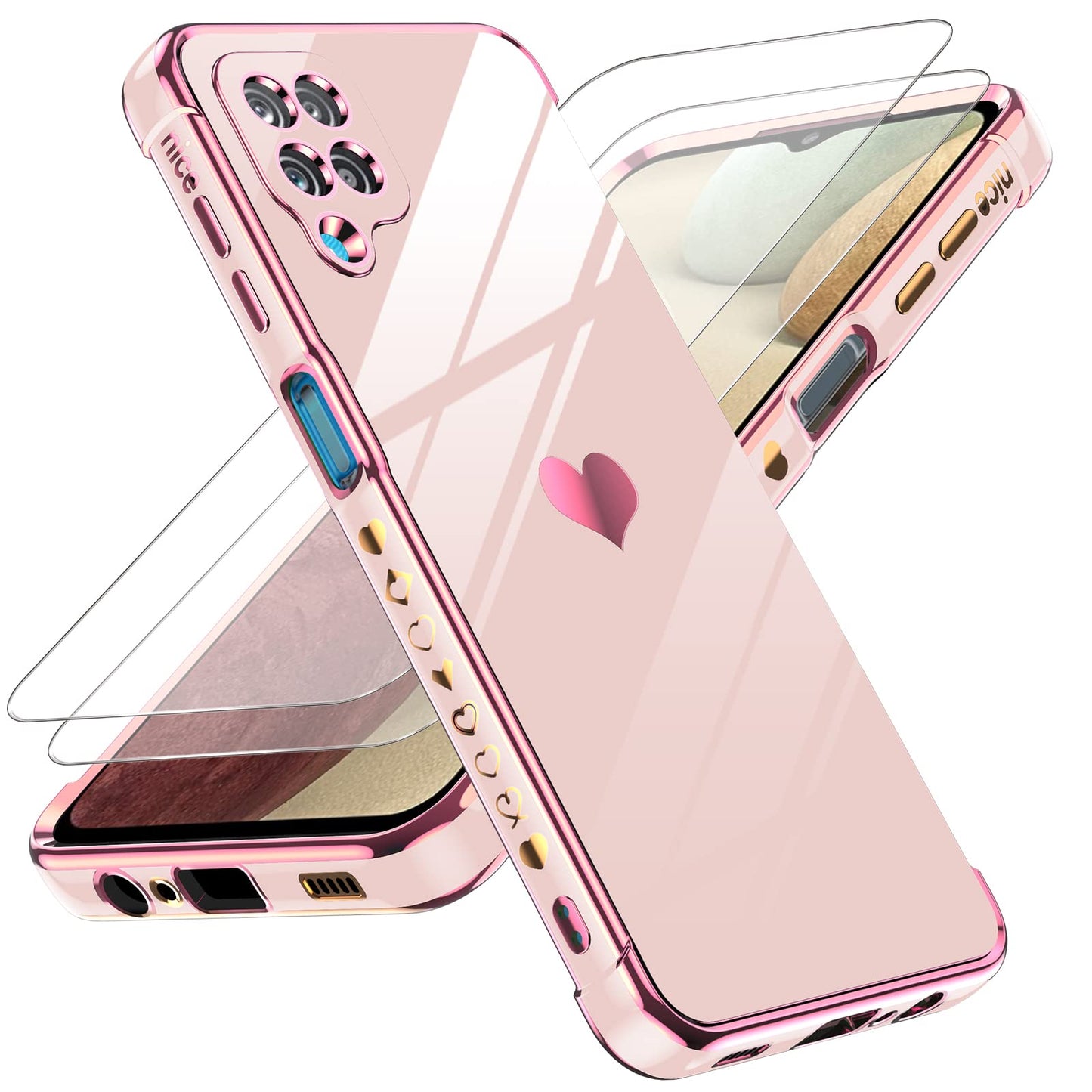 LeYi for Samsung Galaxy A25-5G Phone Case: with Tempered Glass Screen Protector [2 Pcs]+ Full Camera Lens Protection, Love Heart Plating Women Luxury Soft TPU Shockproof Case for Samsung A25 5G, Pink