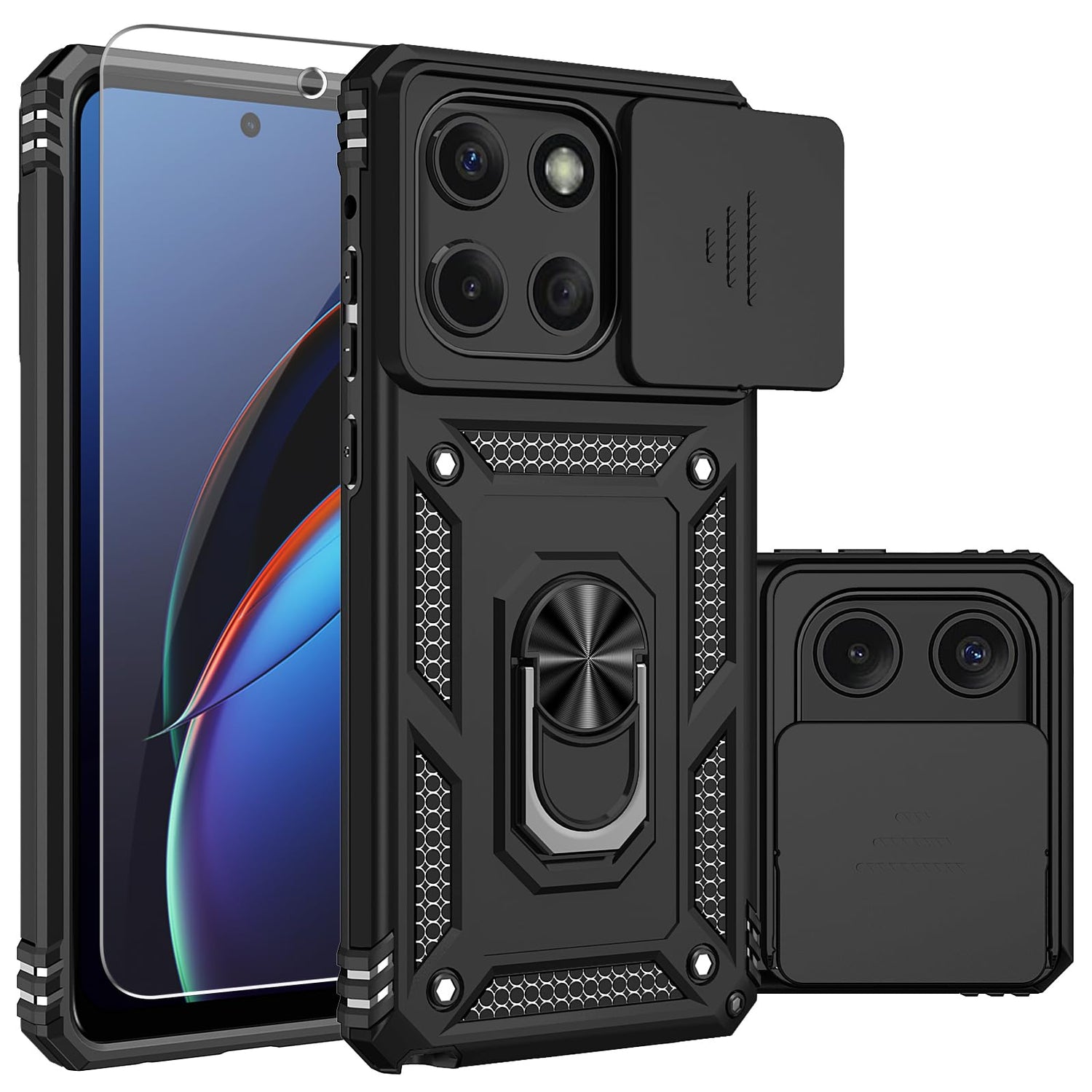 for Moto G Power 5G 2025 Case,with Camera Lens Cover HD Screen Protector,[Military Grade] Car Mount Kickstand Shockproof Protective Case for Motorola G Power 5G 2025, Black