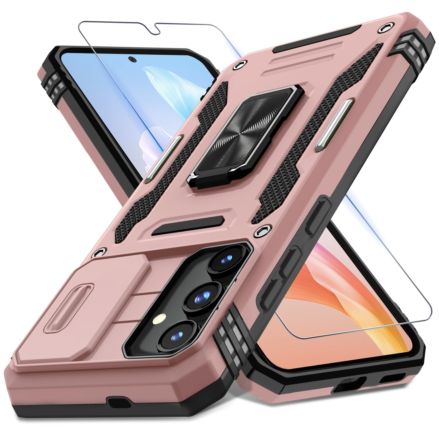 DEERLAMN Case for Samsung Galaxy S24 6.2-Inch with Slide Camera Cover+Screen Protector(1 Pack), Rotated Ring Kickstand Military Grade Shockproof Protective Cover-Black