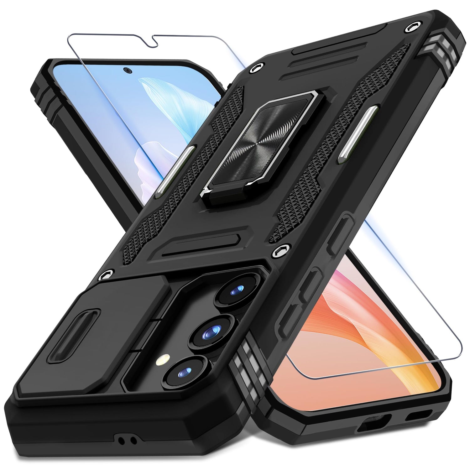 DEERLAMN Case for Samsung Galaxy S23 FE 6.4-Inch with Slide Camera Cover+Screen Protector(1 Pack),Rotated Ring Kickstand Military Grade Shockproof Protective Cover-Black