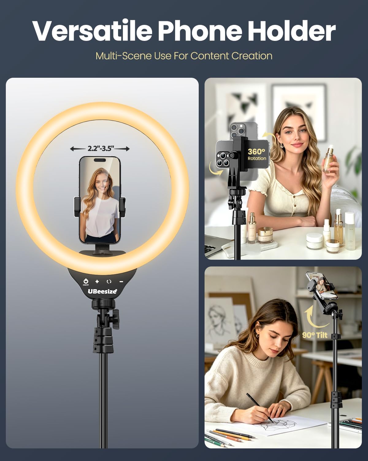 UBeesize 12" LED Ring Light with 62" Tripod Stand, Phone Holder & Remote | Dimmable Selfie Light for Video Recording, Live Streaming, TikTok, YouTube, Makeup, Compatible with iPhone & Android (Black)