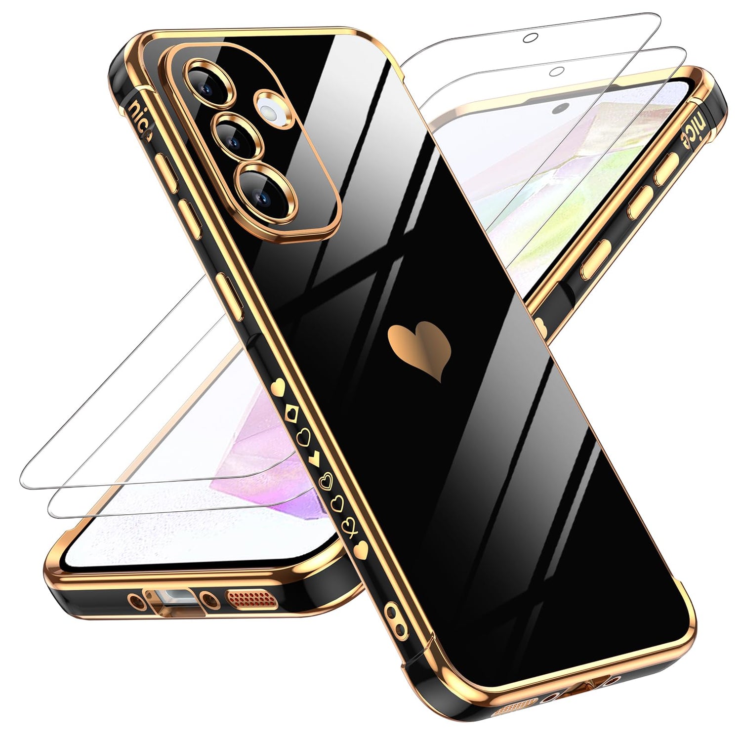LeYi for Galaxy A16-5G Phone Case: Tempered Glass Screen Protector [2 Pcs]+ Full Camera Lens Protection,Love Heart Plating Luxury Shockproof Phone Case para Samsung A 16 5G Cute,Pink