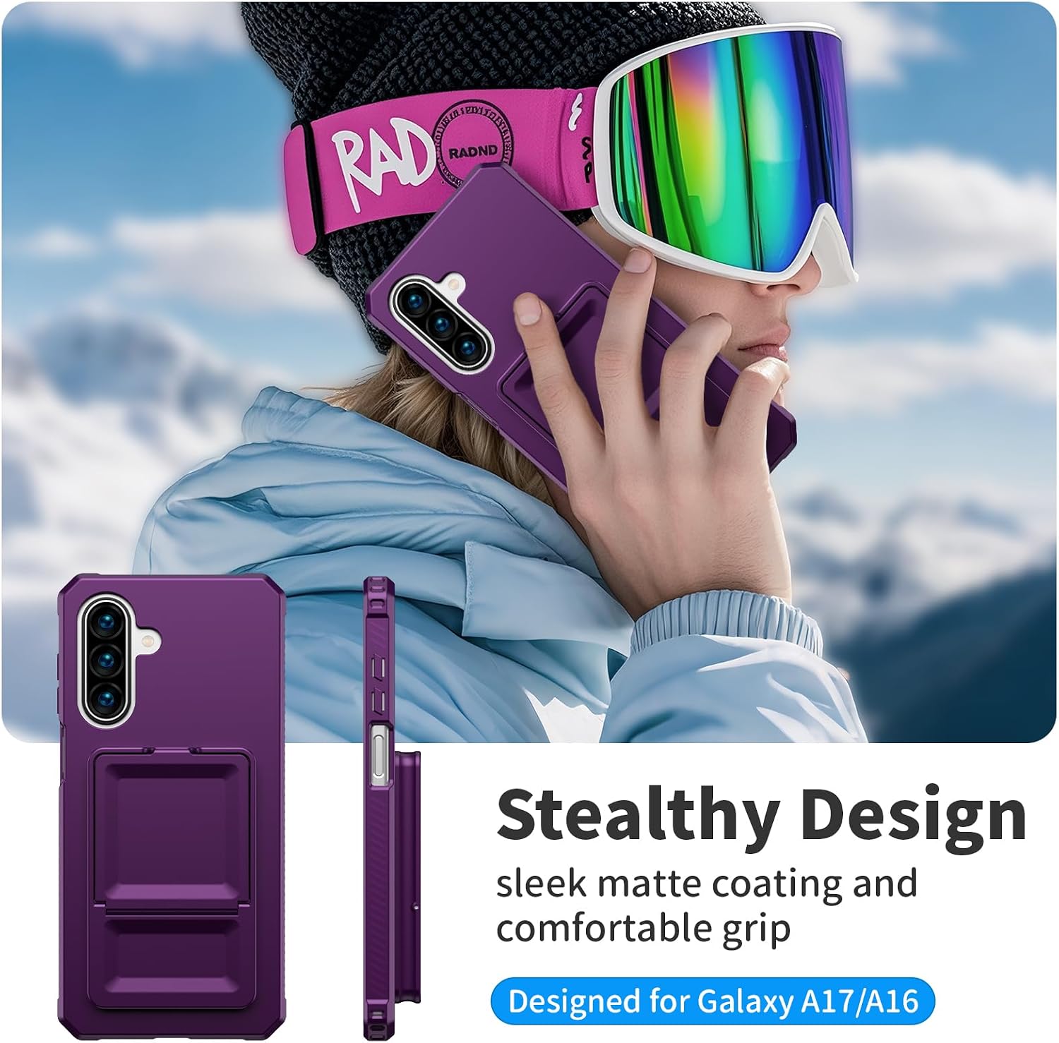 KJSK for Galaxy A17/A16 Case with Card Holder,Built-in Mirror and Kickstand,Hidden Card Slim Wallet Shockproof Cover,Anti-Drop,Deep Purple