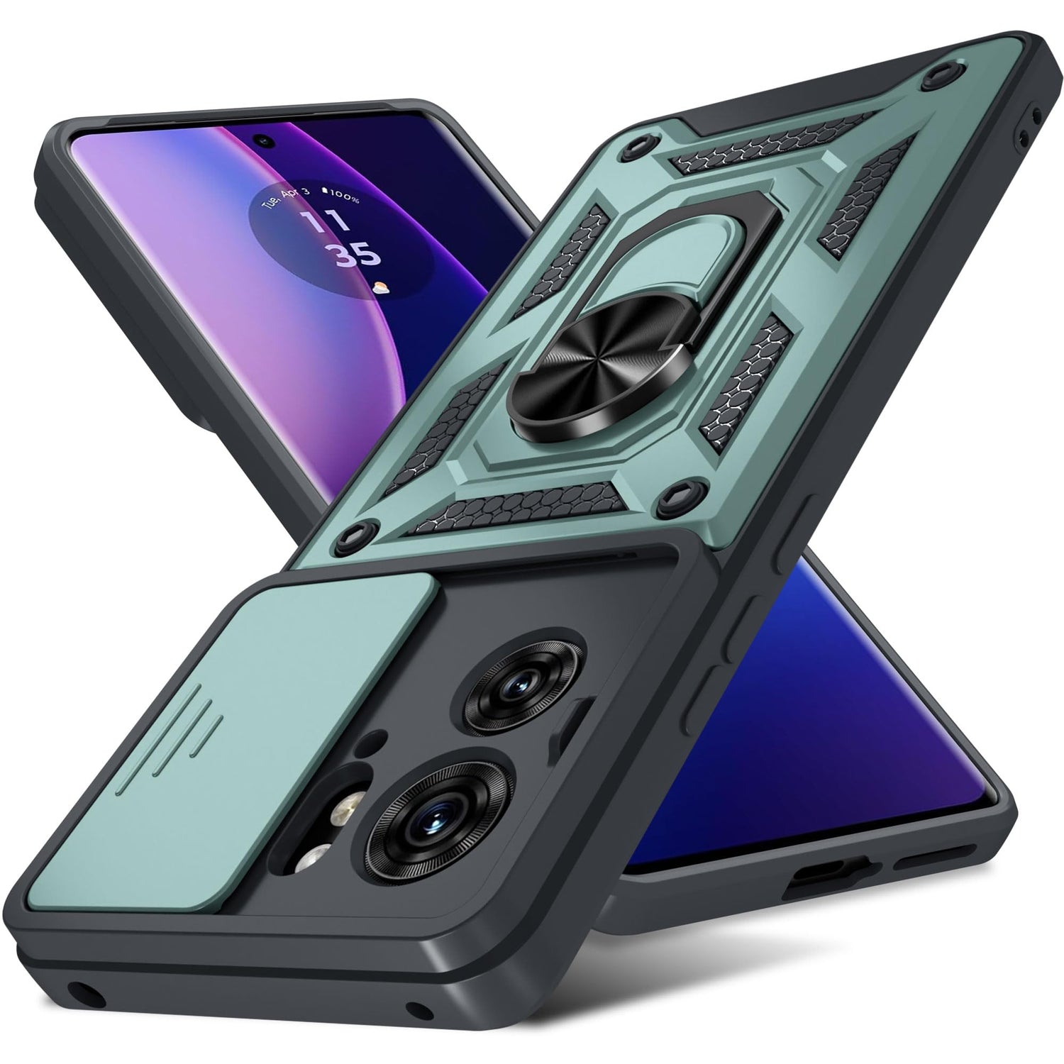 Janmitta Compatible with Moto Edge 2023 Case Built in Slide Camera Lens Cover+Finger Ring Holder Kickstand,Heavy Duty Shockproof Full Body Phone Cover,Blue