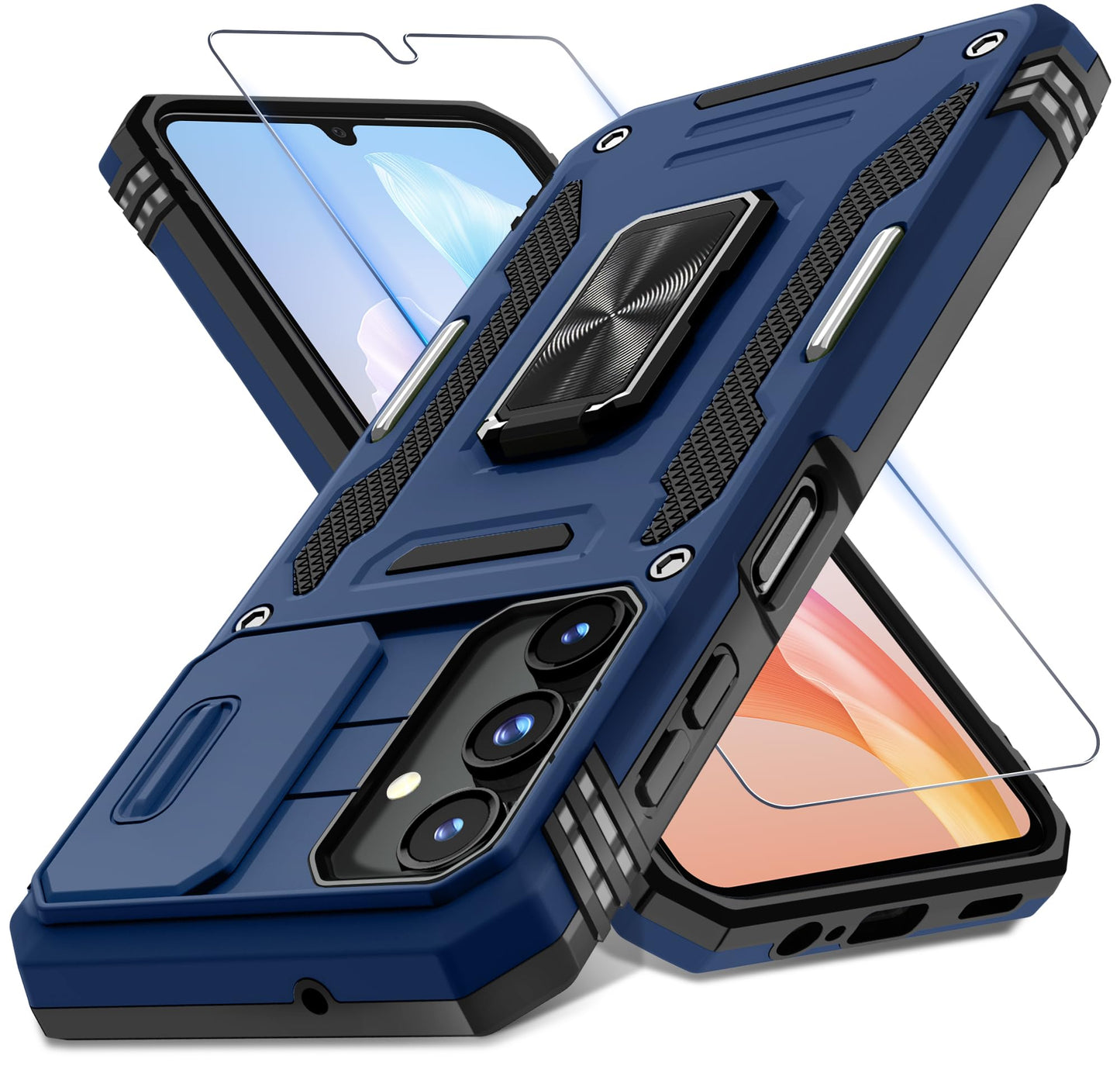 DEERLAMN Case for Samsung Galaxy A17 5G with Slide Camera Cover+Screen Protector (1 Pack), Rotated Ring Kickstand Military Grade Shockproof Protective Cover-Navy Blue