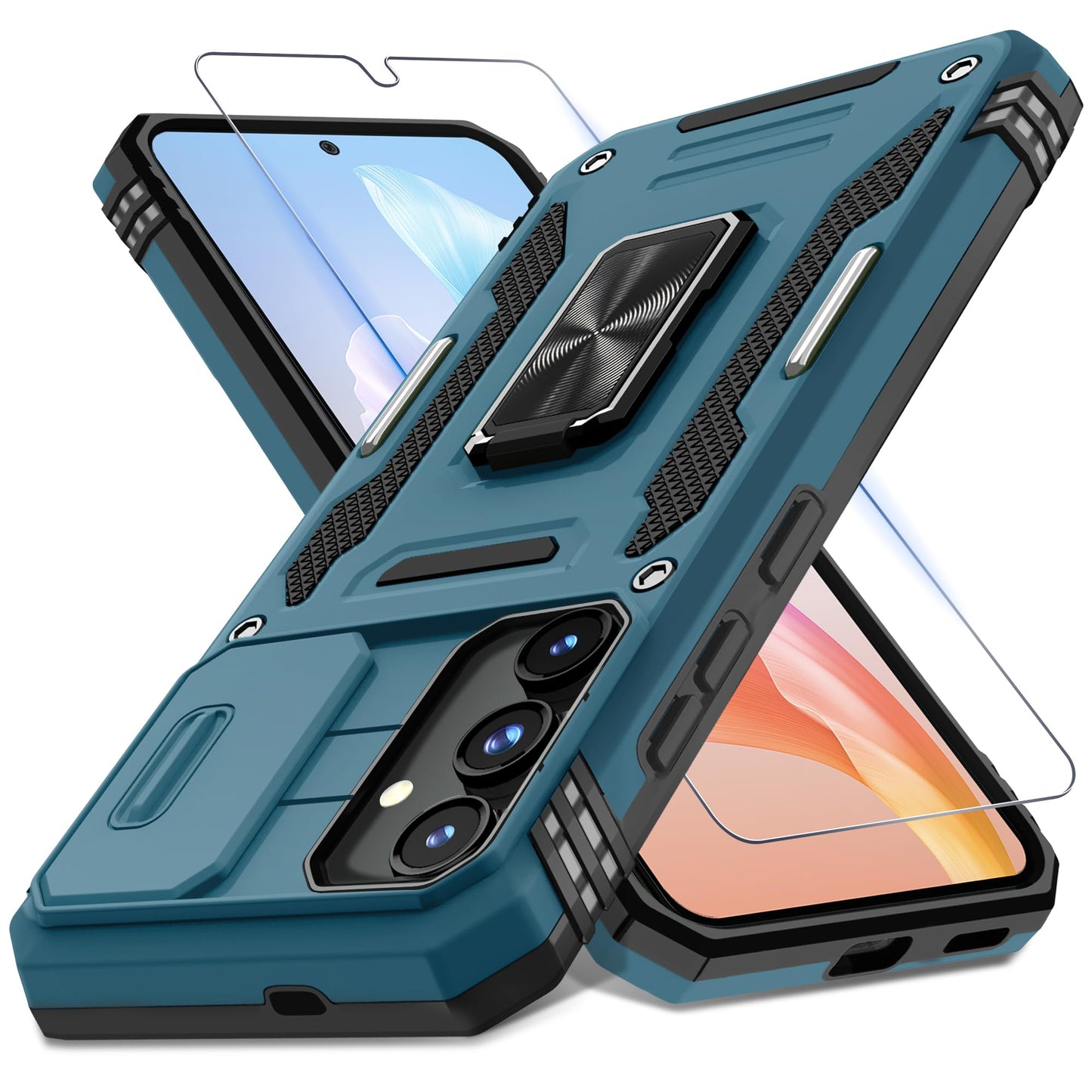 DEERLAMN Case for Samsung Galaxy S24 6.2-Inch with Slide Camera Cover+Screen Protector(1 Pack), Rotated Ring Kickstand Military Grade Shockproof Protective Cover-Black