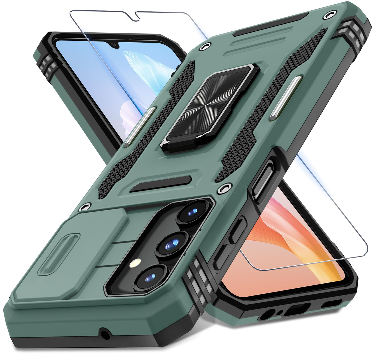 DEERLAMN Case for Samsung Galaxy A17 5G with Slide Camera Cover+Screen Protector (1 Pack), Rotated Ring Kickstand Military Grade Shockproof Protective Cover-Navy Blue