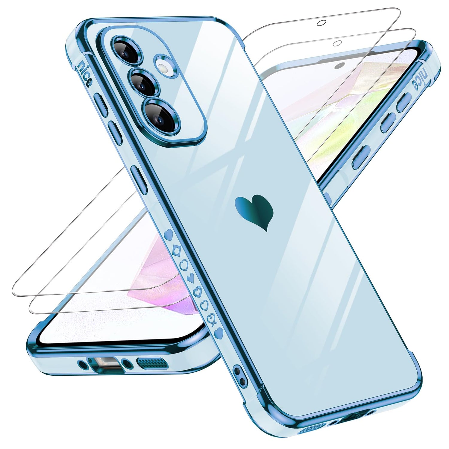 LeYi for Galaxy A16-5G Phone Case: Tempered Glass Screen Protector [2 Pcs]+ Full Camera Lens Protection,Love Heart Plating Luxury Shockproof Phone Case para Samsung A 16 5G Cute,Pink