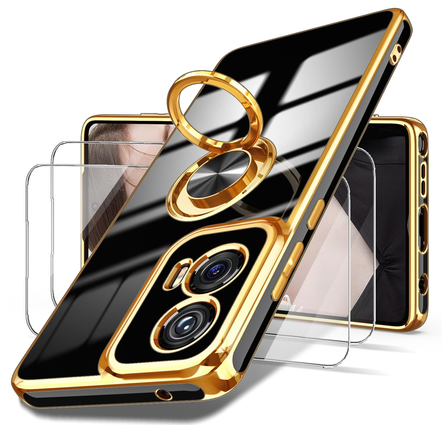 Dretal for Moto G Stylus 5G 2024 Case, 2X Screen Protector, 360° Rotatable Ring Holder Magnetic Kickstand,Plated Gold Edge Slim Soft TPU Protective Cover for Motorola G Stylus 5G (Purple)