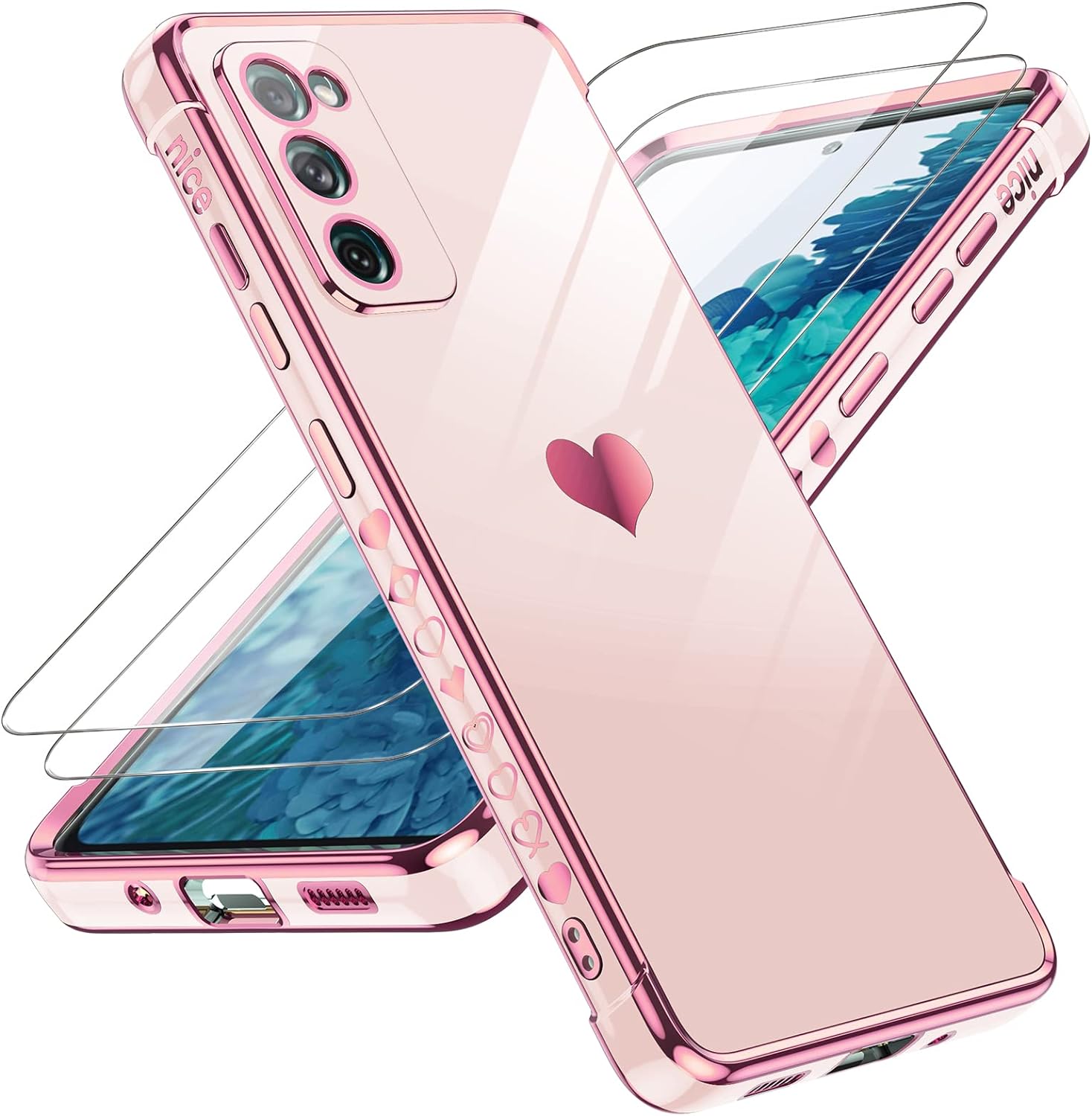 LeYi for Galaxy S20 FE 5G Case: with Screen Protector [2 Pcs]+ Full Camera Protection, Love Heart Plating Girly Women Cute Luxury Soft TPU Case for Samsung S20 Fe, Pink
