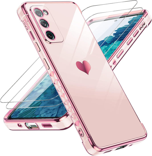 LeYi for Galaxy S20 FE 5G Case: with Screen Protector [2 Pcs]+ Full Camera Protection, Love Heart Plating Girly Women Cute Luxury Soft TPU Case for Samsung S20 Fe, Pink