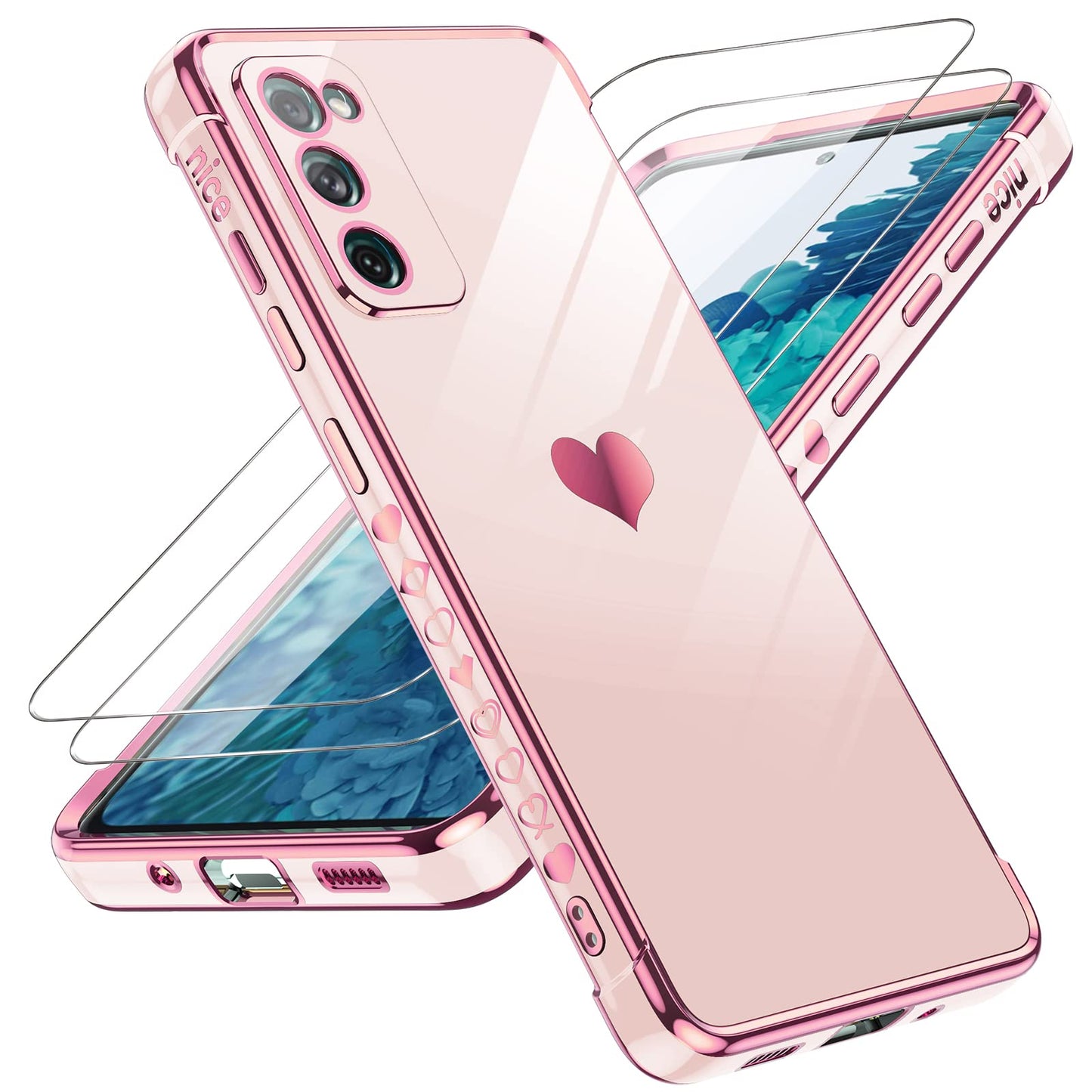 LeYi for Galaxy S23 FE Case: with Tempered Glass Screen Protector [2 Pcs]+ Full Camera Lens Protection, Love Heart Plating Women Cute Luxury Soft TPU Shockproof Case for Samsung S23FE 5G, Pink