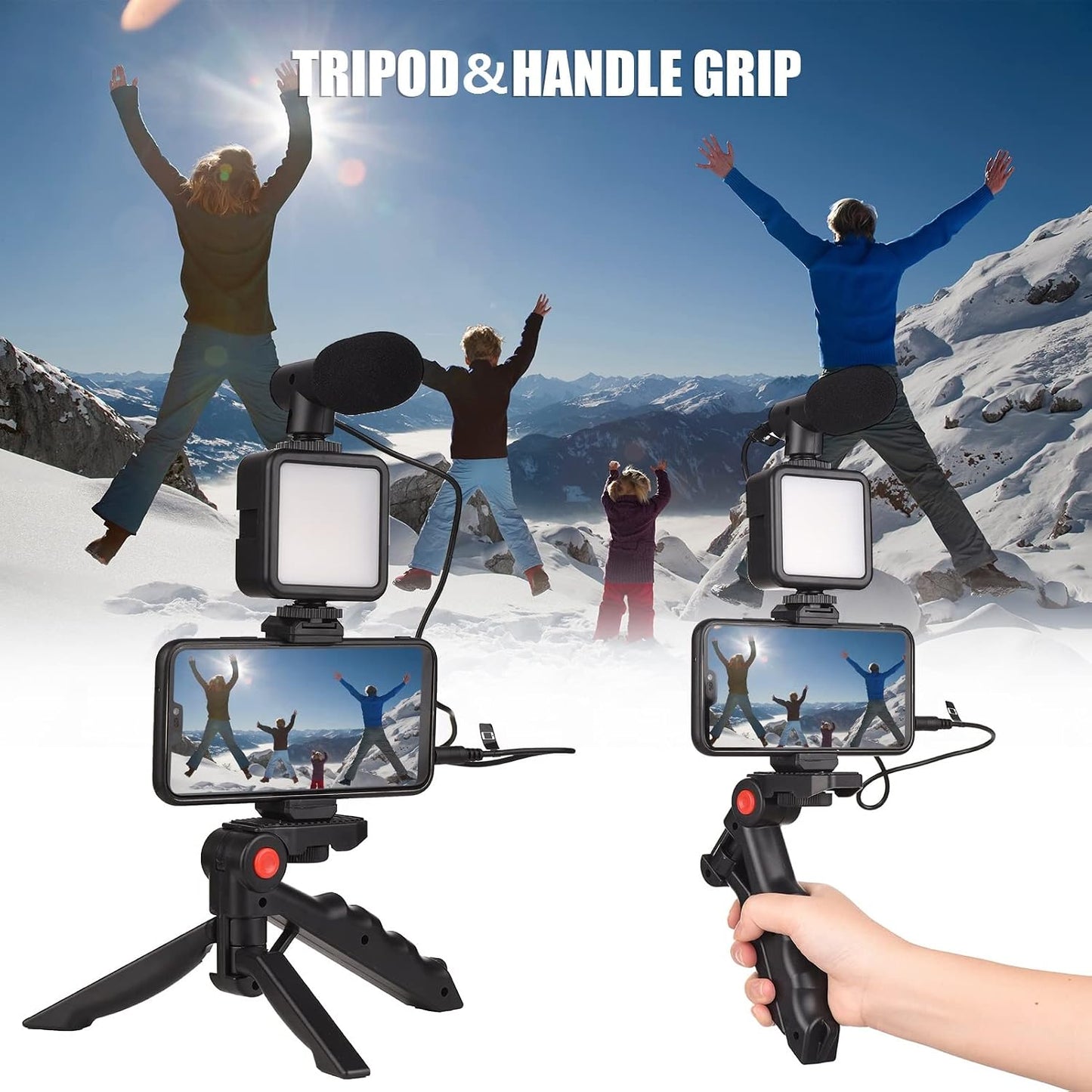 Andoer Smartphone Vlog Kit Mini LED Video Light + Cardioid Microphone + Extendable Phone Clip + Tripod with Adjustable Brightness for Live Stream Vlog Video Shooting Video Conference Selfie