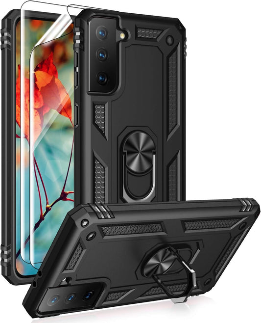 Androgate Case Cover Case for Samsung Galaxy S21 5G Black | with HD Screen Protectors, Military-Grade, Metal Ring Holder, Kickstand, 15ft Drop Tested, Shockproof