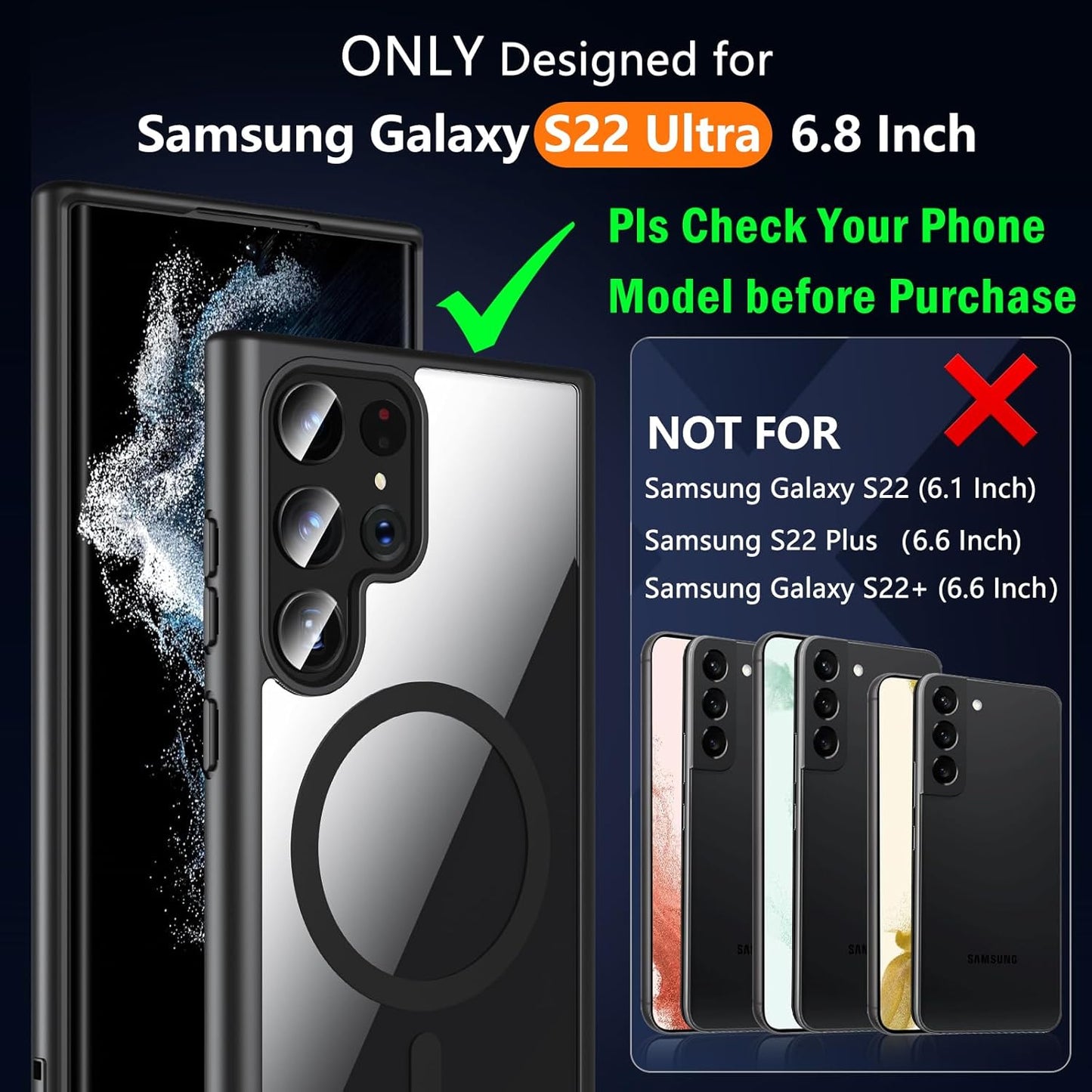 Hensinple for Samsung Galaxy S22 Ultra Case Magnetic, Galaxy S22 Ultra Phone Case [Compatible with Magsafe] Wireless Charging Translucent Back Cover Case 6.8 Inch,Black