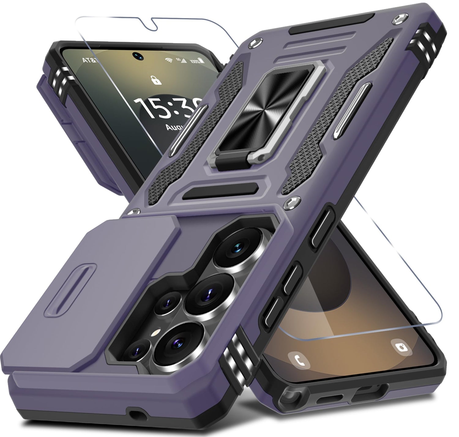 DEERLAMN Case for Samsung Galaxy A17 5G with Slide Camera Cover+Screen Protector (1 Pack), Rotated Ring Kickstand Military Grade Shockproof Protective Cover-Navy Blue