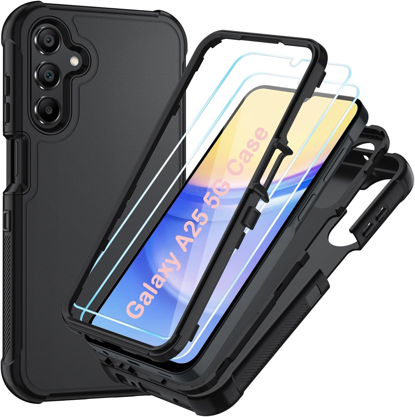 Case for Galaxy A25 5G Case, Samsung Galaxy A25 5G Case with HD Screen Protector [3 Layer] Military-Grade Heavy-Duty Shockproof Protective Phone Case for Samsung A25 5G,Black/Black