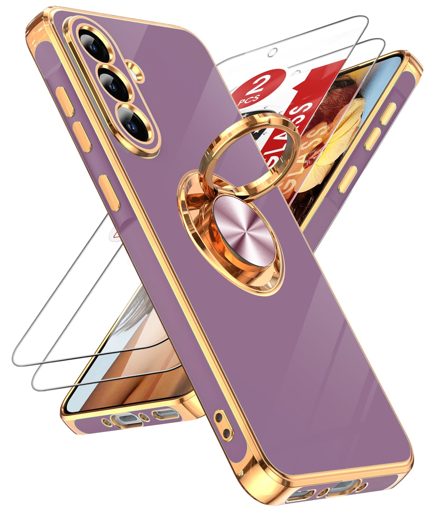 LeYi for Samsung A57 Case, 360°Magnetic Kickstand Rose Gold Plated Edge