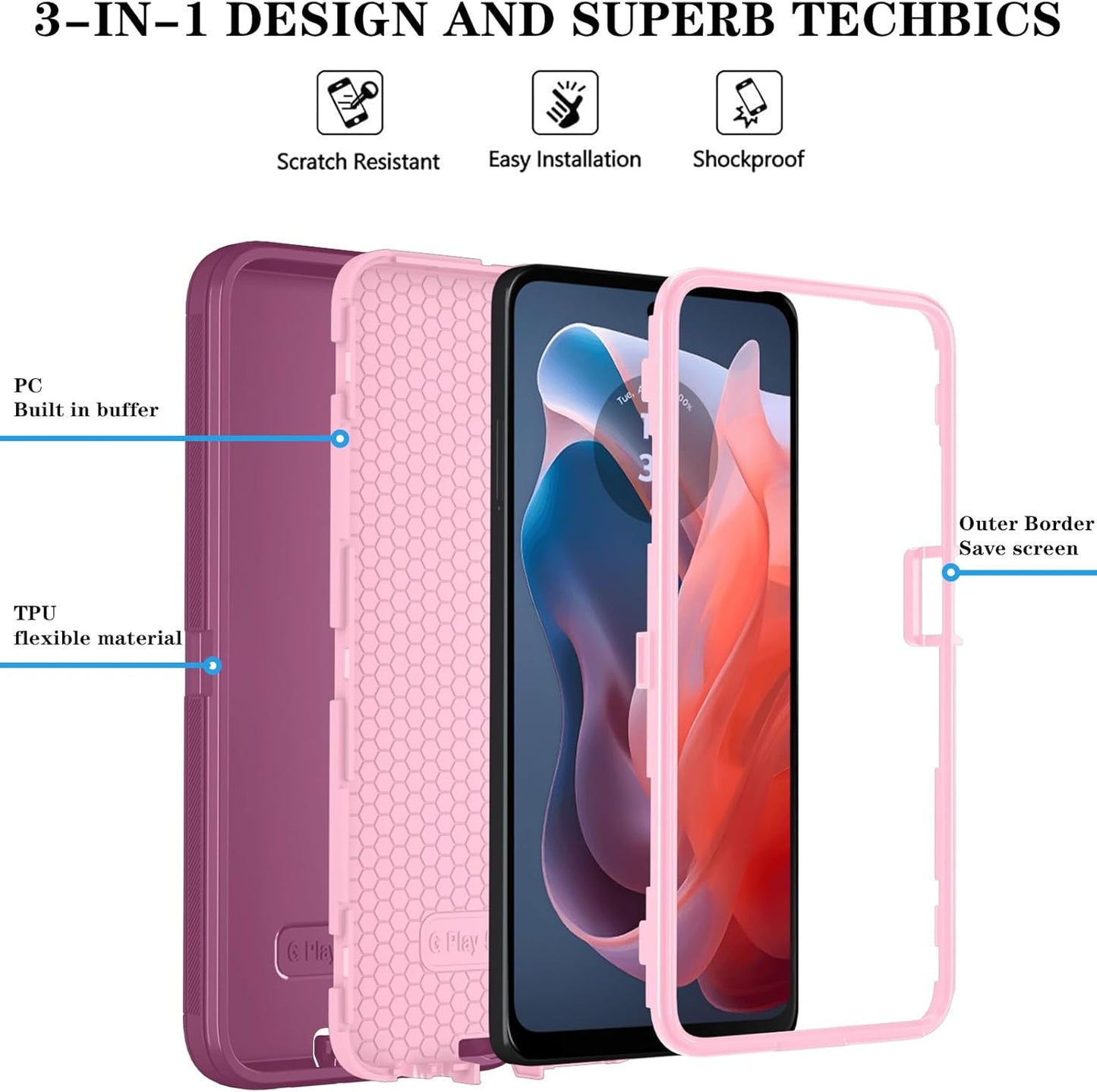 Qinmay Phone Case for Motorola Moto G Power 5G 2024 Case with HD Screen Protector, Heavy Duty Shockproof & Cover Phone Case for Moto G Power 2024,WineRed Pink