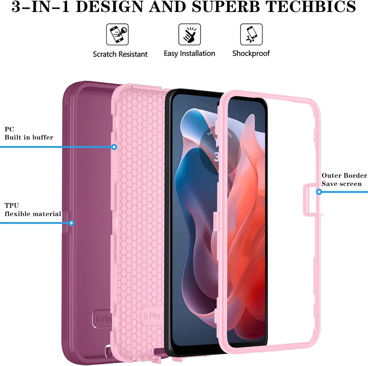 Qinmay Phone Case for Motorola Moto G Power 5G 2024 Case with HD Screen Protector, Heavy Duty Shockproof & Cover Phone Case for Moto G Power 2024,WineRed Pink