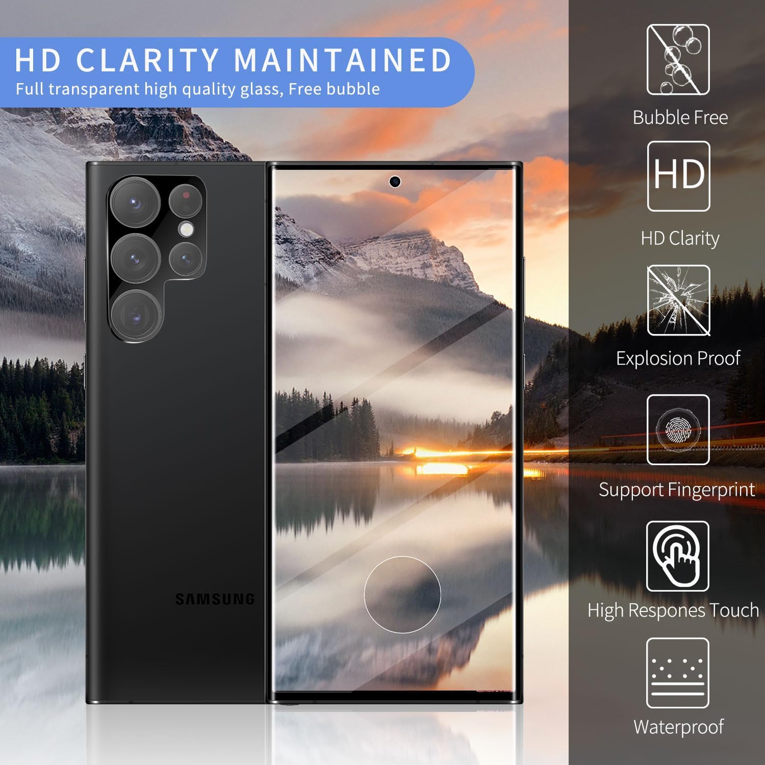 3Pack Galaxy S22 Ultra Glass Screen Protector, 2Pack Camera Lens Film 9H Hardness 3D Fulll Coverage Case Friendly Compatible with Ultra Sonic Fingerprint For Galaxy S22 Ultra 6.8”