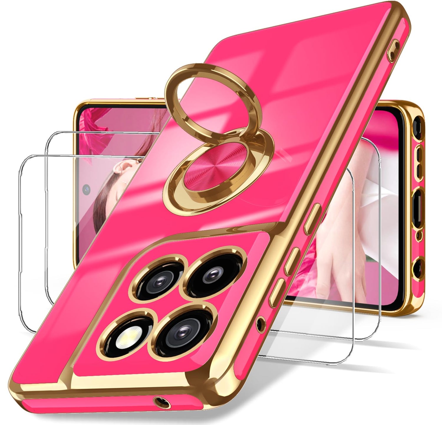 Dretal for Moto G Stylus 5G 2024 Case, 2X Screen Protector, 360° Rotatable Ring Holder Magnetic Kickstand,Plated Gold Edge Slim Soft TPU Protective Cover for Motorola G Stylus 5G (Purple)
