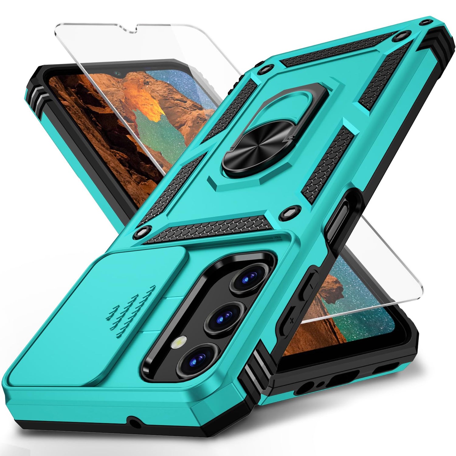 for Samsung Galaxy A25 5G Case with Camera Lens Cover, HD Screen Protector, 10 FT Military Grade Drop Protection, Magnetic Ring Holder Kickstand Protective Phone Case for Galaxy A25 5G,Black