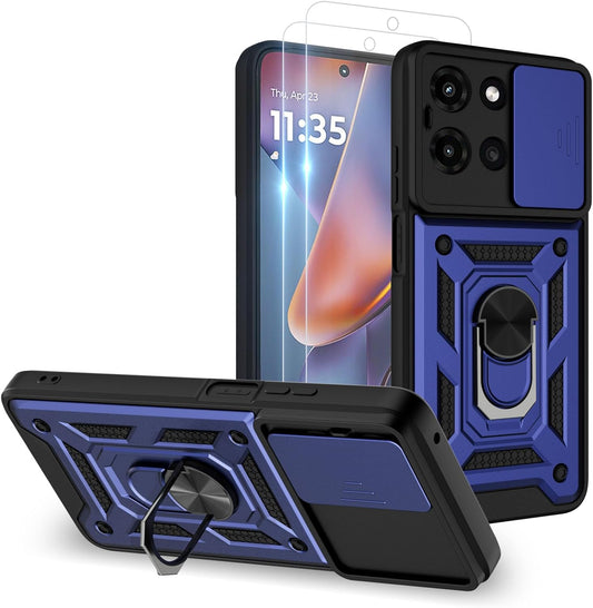 for Moto G 2025 Case：Moto G 2025 Phone Case with 2PC Screen Protector,Sliding Camera Cover and Multi Angle Stand for Moto G 5G 2025 Case,Blue