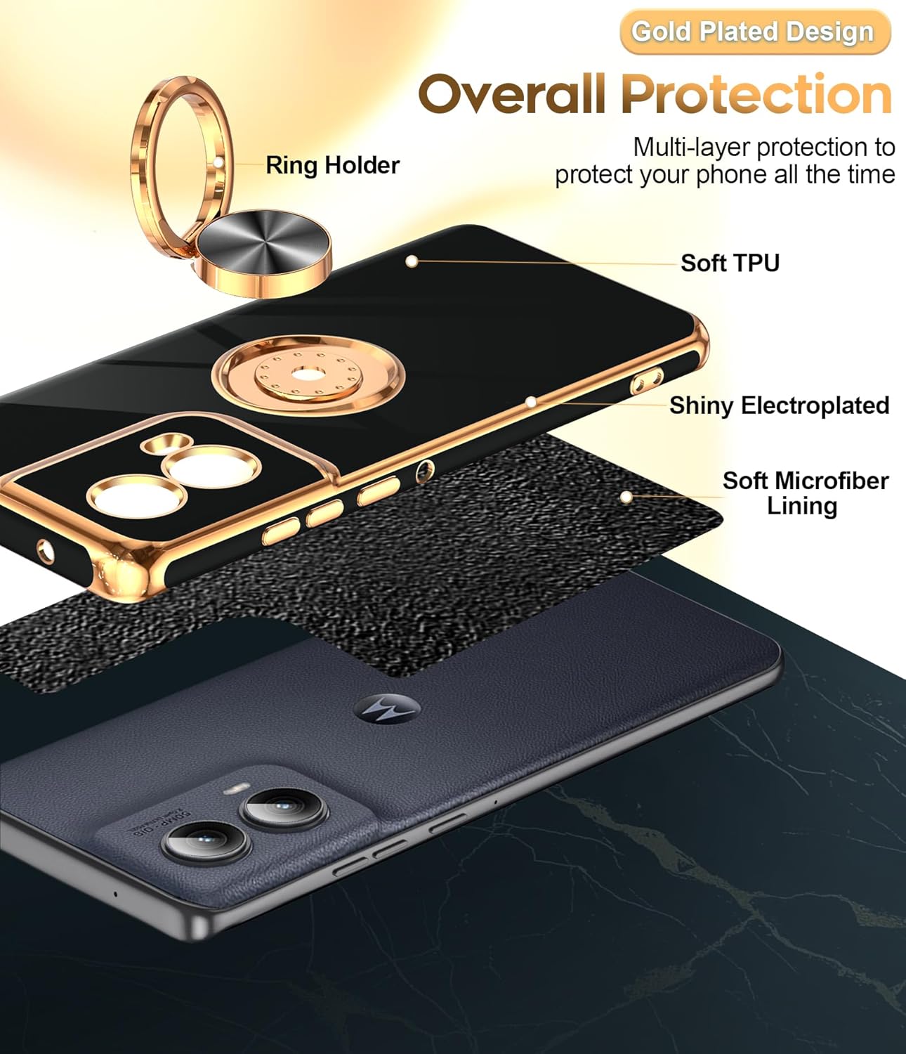 LeYi for Motorola-Edge-2024-Case: 【NOT FIT Edge 50/ G 5G 2024】 with 360° Rotatable Ring Holder Magnetic Kickstand, Plating Rose Gold Edge Protective for Motorola Moto Edge 5G 2024 Case, Black