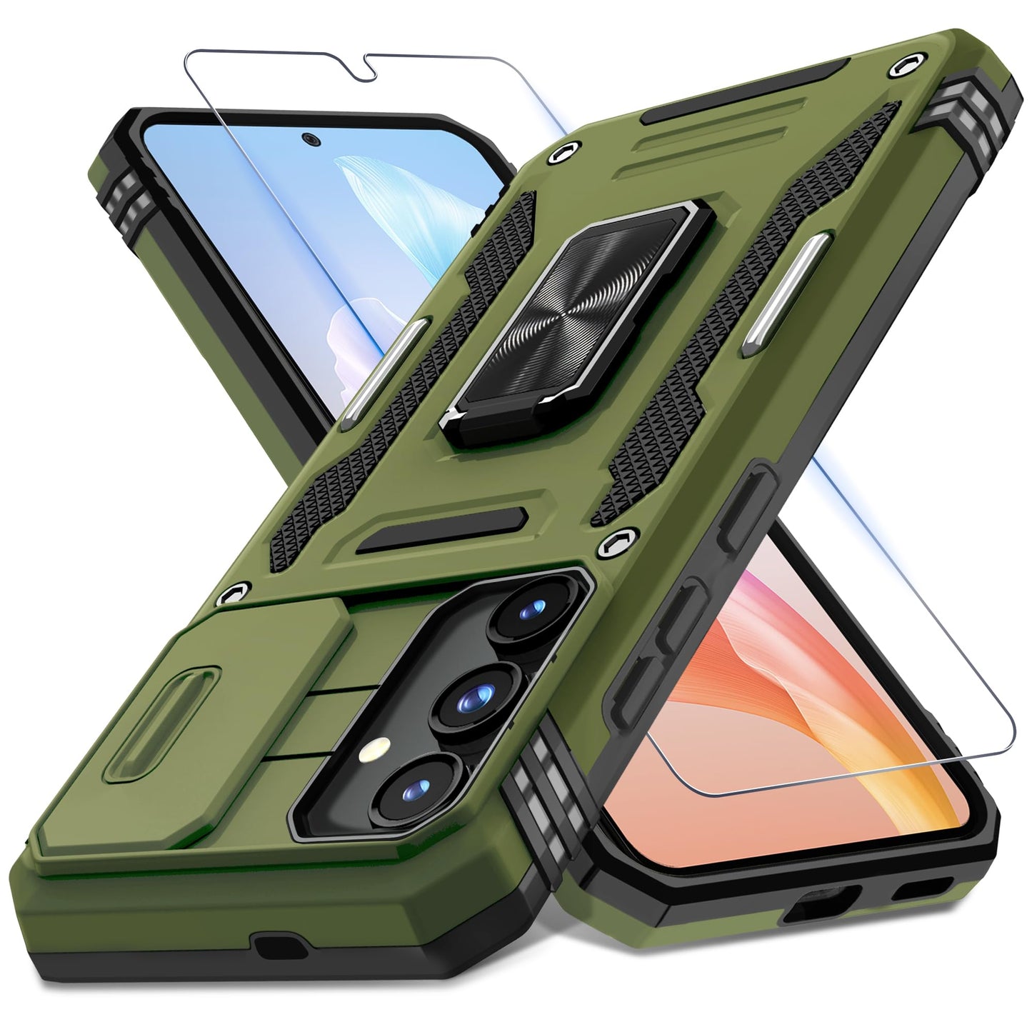 DEERLAMN Case for Samsung Galaxy S24 6.2-Inch with Slide Camera Cover+Screen Protector(1 Pack), Rotated Ring Kickstand Military Grade Shockproof Protective Cover-Black