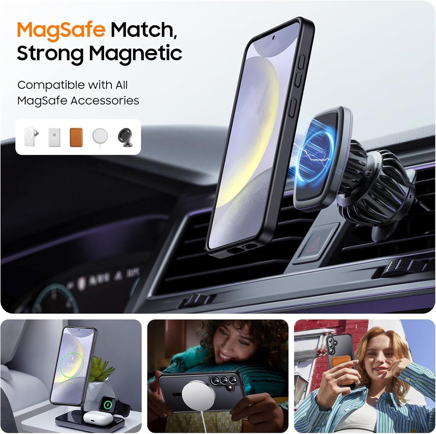 Designed for Magnetic Samsung Galaxy S24 Case,[Compatible with MagSafe] [Military Grade Drop Protection] Slim Translucent Matte Shockproof with Anti-Fingerprint Phone Case-Black