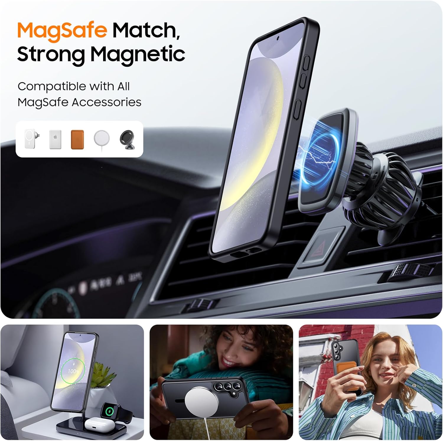 Designed for Magnetic Samsung Galaxy S24 Case,[Compatible with MagSafe] [Military Grade Drop Protection] Slim Translucent Matte Shockproof with Anti-Fingerprint Phone Case-Black