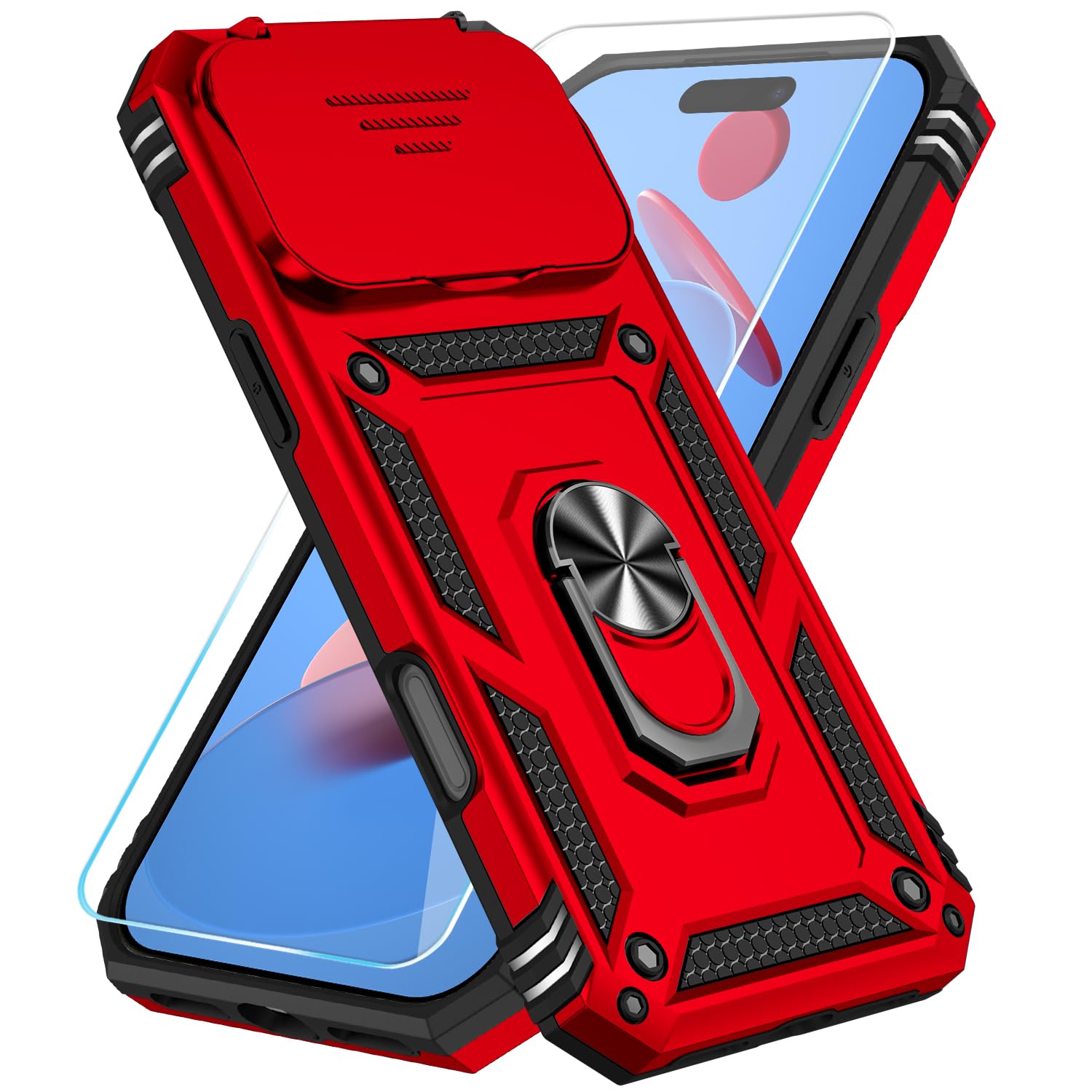 SunStory Compatible with iPhone 17 Case with HD Screen Protector & Slide Camera Cover & Rotated Ring Kickstand, [Military-Grade] iPhone Case for iPhone 17,Red