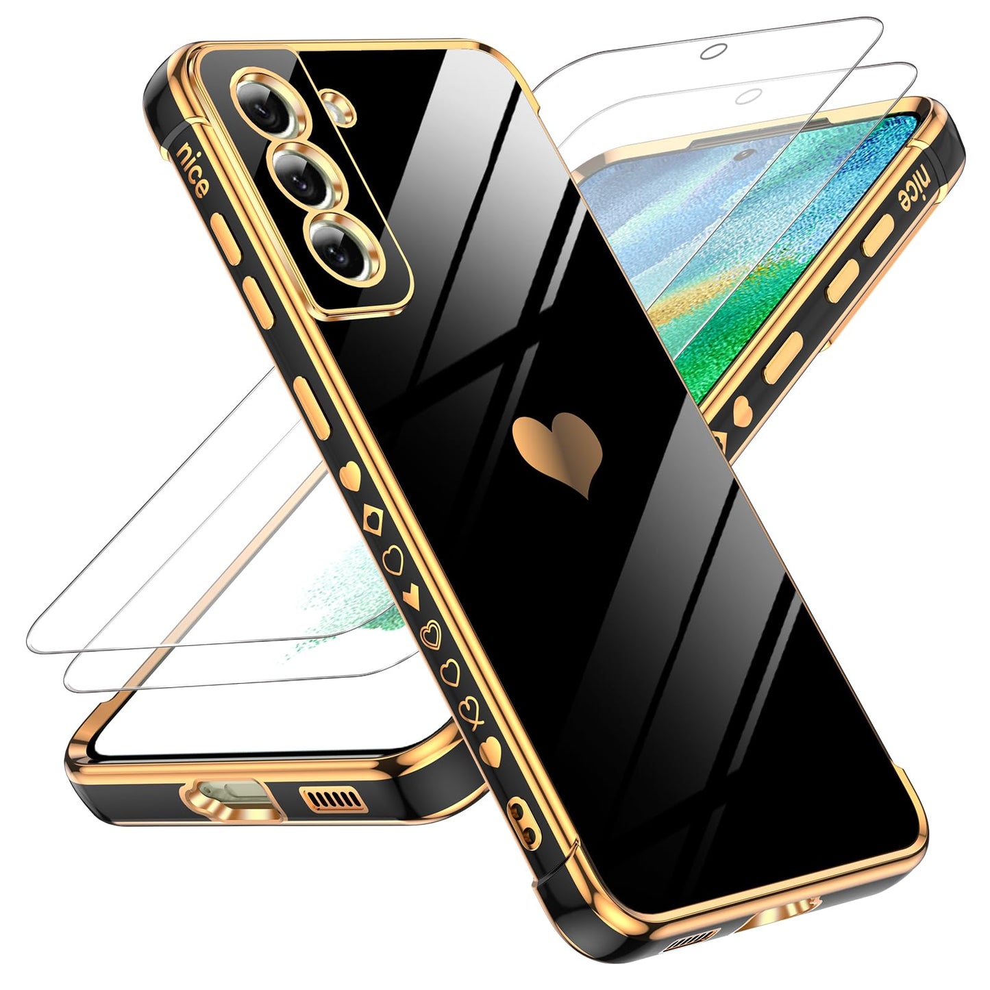 LeYi for Galaxy S23 FE Case: with Tempered Glass Screen Protector [2 Pcs]+ Full Camera Lens Protection, Love Heart Plating Women Cute Luxury Soft TPU Shockproof Case for Samsung S23FE 5G, Pink