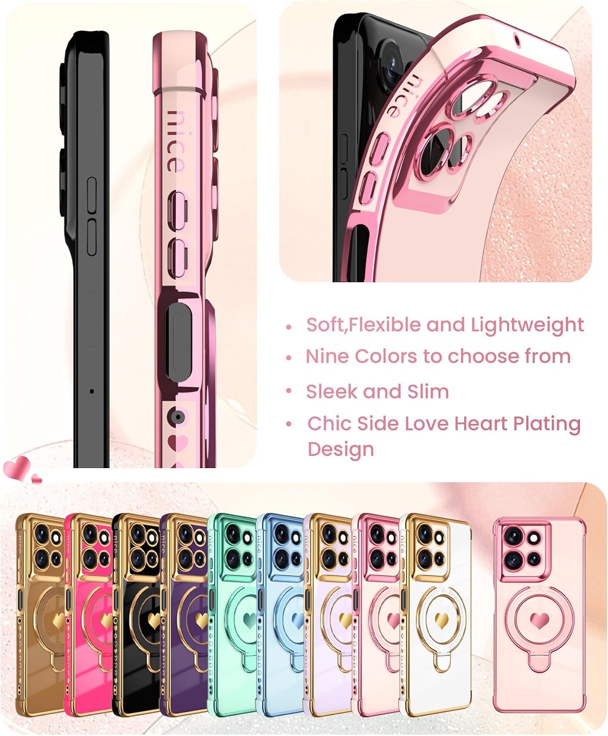 for Motorola Moto G Power 5G 2025/2026 Phone Case with Screen Protector,Cute Love Heart,Ring Metal Kickstand,Plated Gold Edge Soft TPU Protection Cover for Moto G Power 2025/2026 (Pink)
