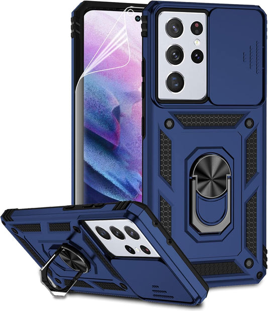 Case for Samsung Galaxy S21 Ultra 5G Protective Phone Case Navy Blue | with Camera Lens Cover, HD Screen Protector, Military-Grade Drop Tested, Magnetic Ring Holder, Kickstand