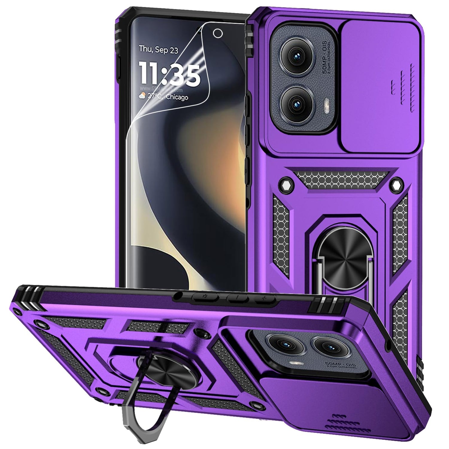 for Motorola Edge 2024 Case with Camera Lens Cover Screen Protector, Dual Layer Military-Grade Drop Tested Magnetic Ring Holder Kickstand Protective Phone Case for Motorola Moto Edge 2024 (Navy Blue)