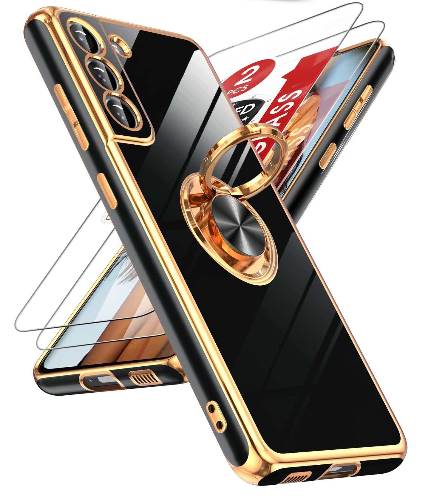 LeYi for Samsung Galaxy S21 FE 5G Case with Tempered Glass Screen Protector [2 Pack] 360° Rotatable Ring Holder Magnetic Kickstand, Plating Rose Gold Edge Protective Case, Blue