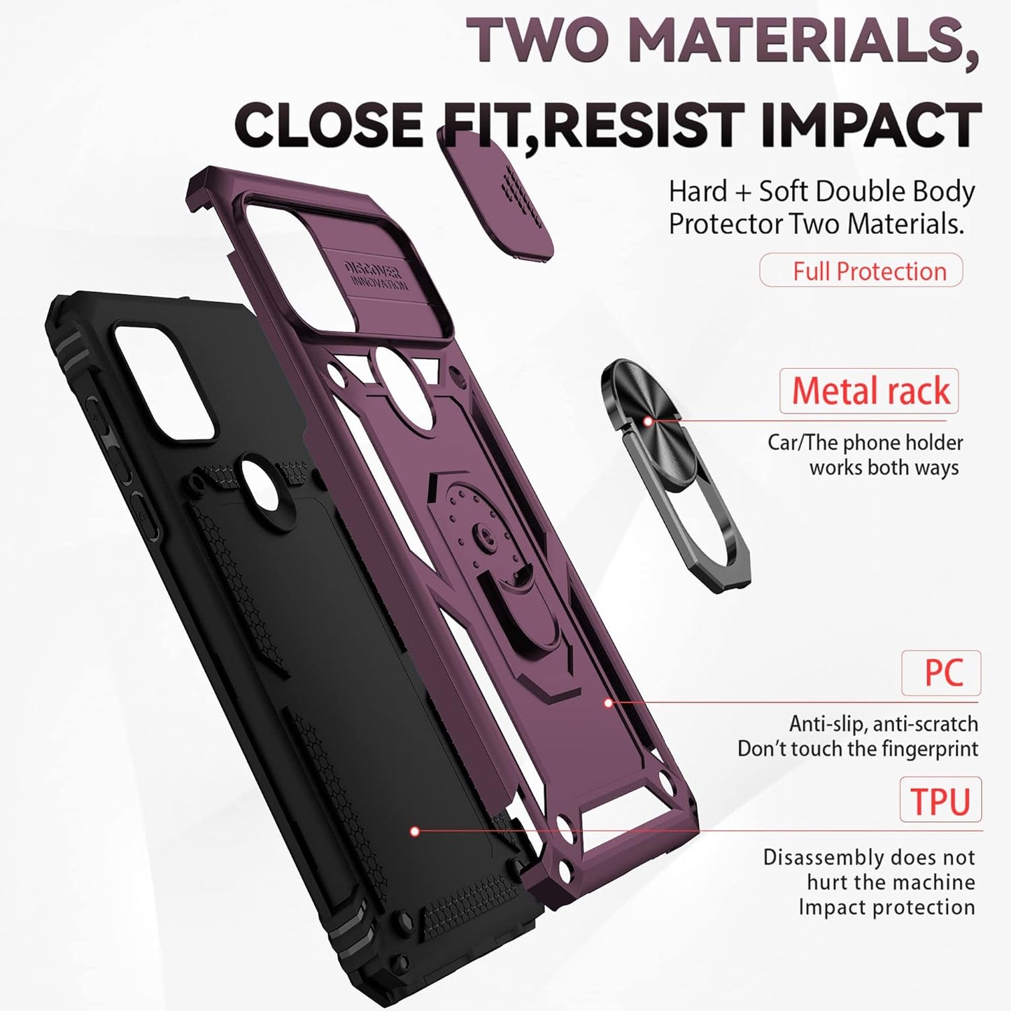 AYMECL Case for Moto G Stylus 5G (2021) with Slide Camera Cover and [2 Packs] Explosion-Proof Film, Built-in 360° Rotating Ring Stand Magnetic Cover for Motorola Moto G Stylus 5G 6.8 Inch - Wine Red