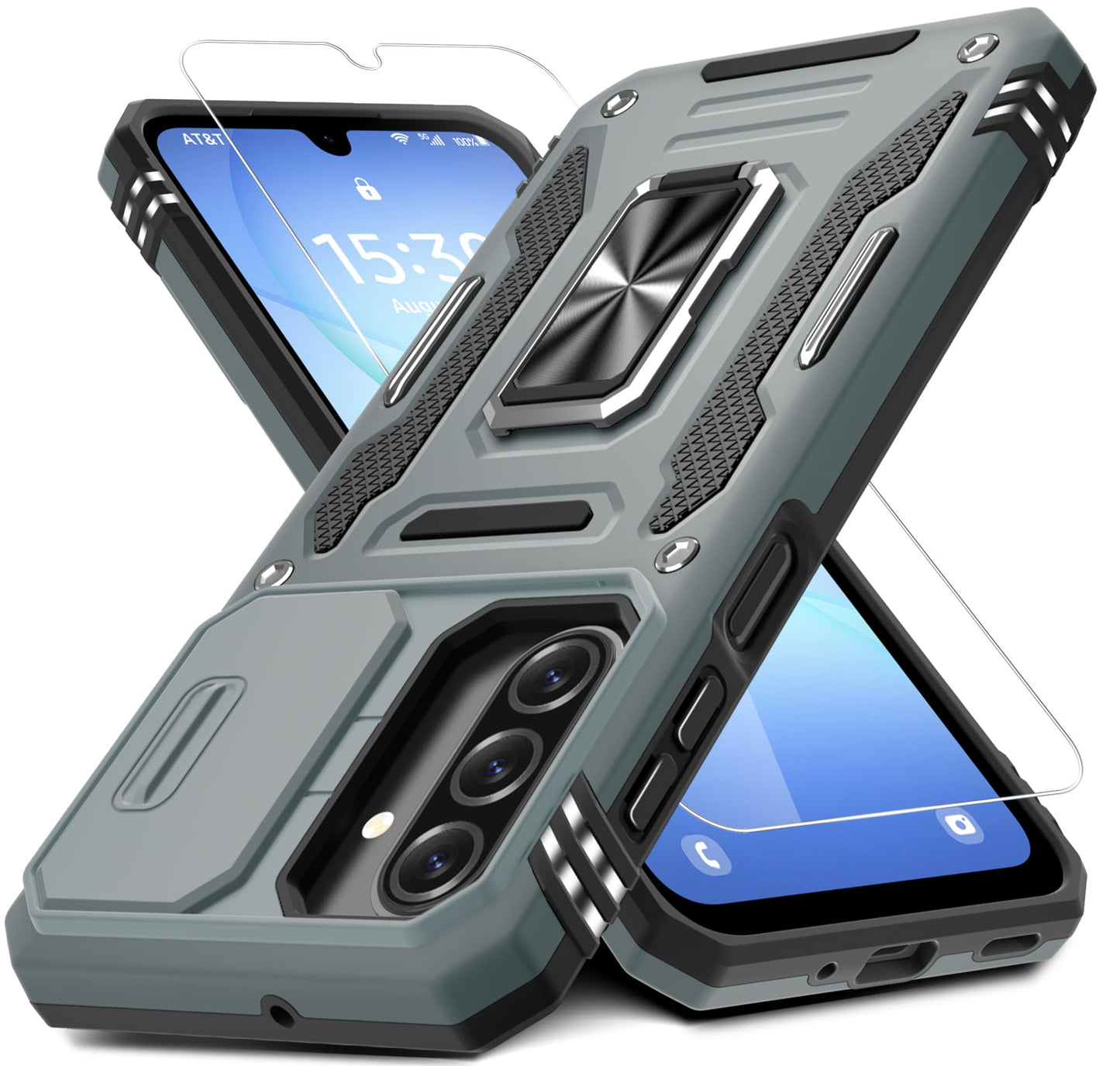 DEERLAMN Case for Samsung Galaxy A17 5G with Slide Camera Cover+Screen Protector (1 Pack), Rotated Ring Kickstand Military Grade Shockproof Protective Cover-Navy Blue