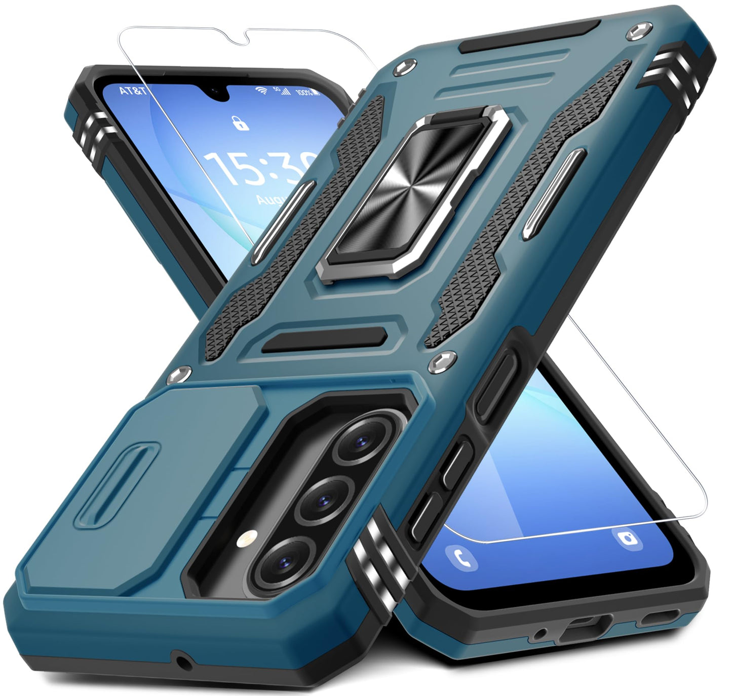 DEERLAMN Case for Samsung Galaxy A17 5G with Slide Camera Cover+Screen Protector (1 Pack), Rotated Ring Kickstand Military Grade Shockproof Protective Cover-Navy Blue