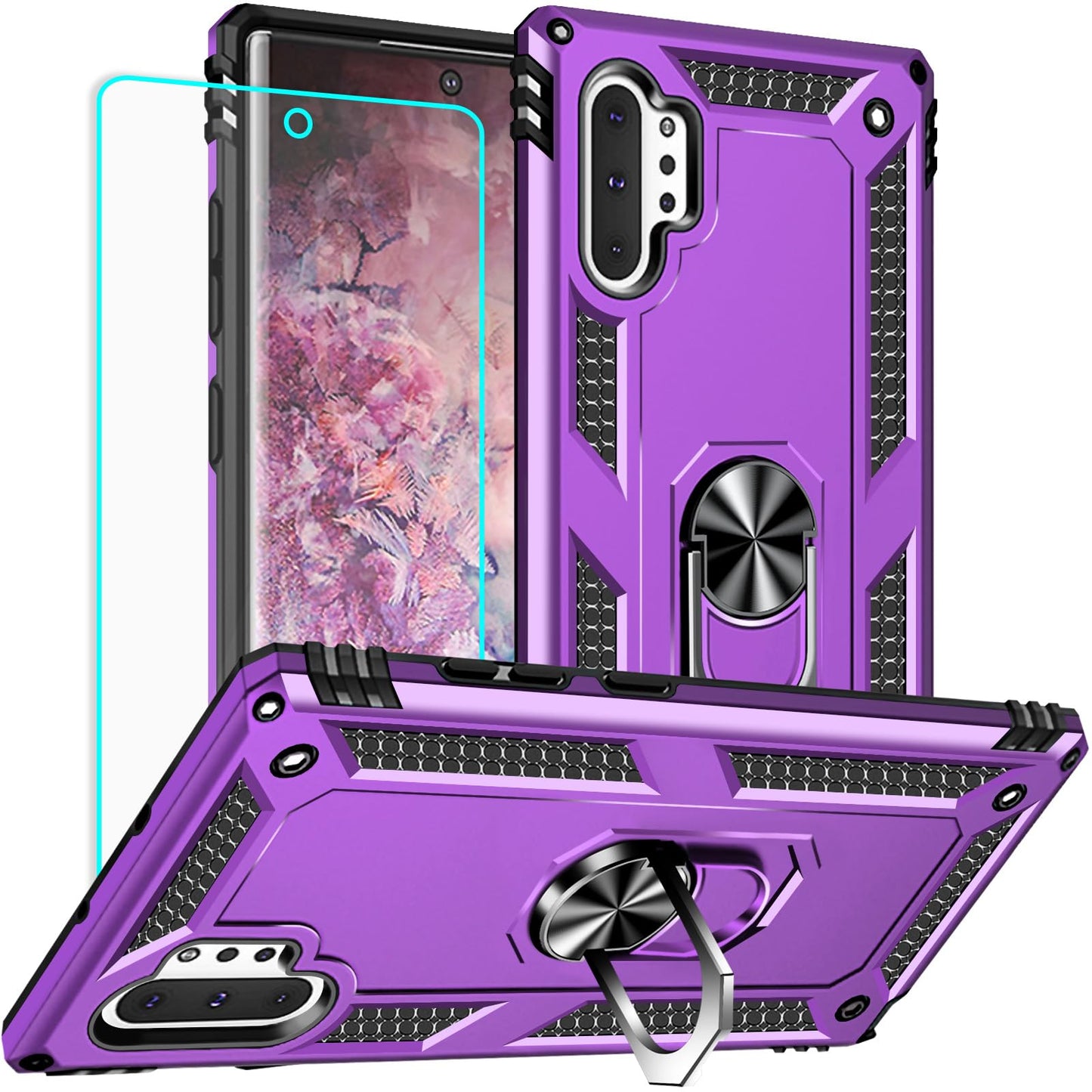 for Samsung Galaxy Note 10 Plus Case with Screen Protector:[Military Grade Drop Tested] Ring Holder Kickstand Shockproof Anti-Slip Protective Phone Case for Note 10 Plus 6.8- Red