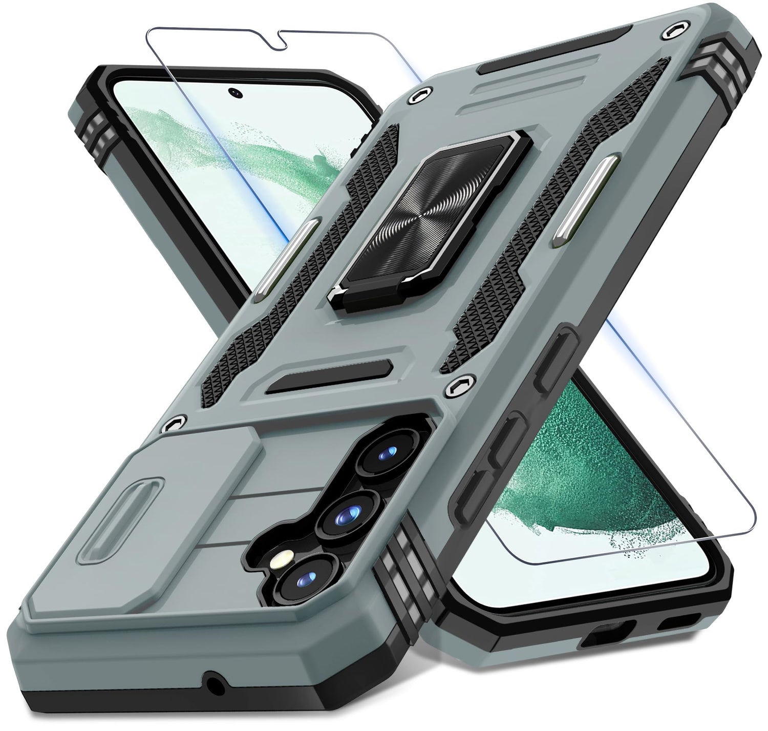 DEERLAMN Case for Samsung Galaxy S23 FE 6.4-Inch with Slide Camera Cover+Screen Protector(1 Pack),Rotated Ring Kickstand Military Grade Shockproof Protective Cover-Black