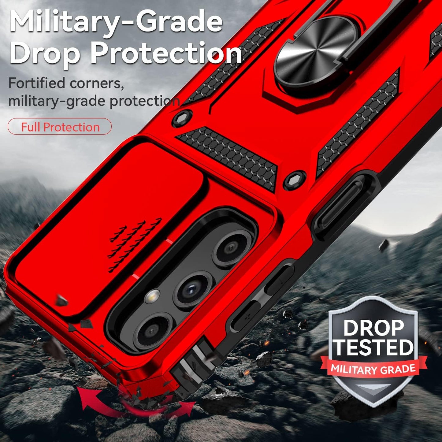 SunStory Phone Case for Samsung Galaxy A14 5G Case with HD Screen Protector & Slide Camera Cover & Rotated Ring Kickstand, [Military-Grade] Phone Case for Galaxy A14 5G,Red