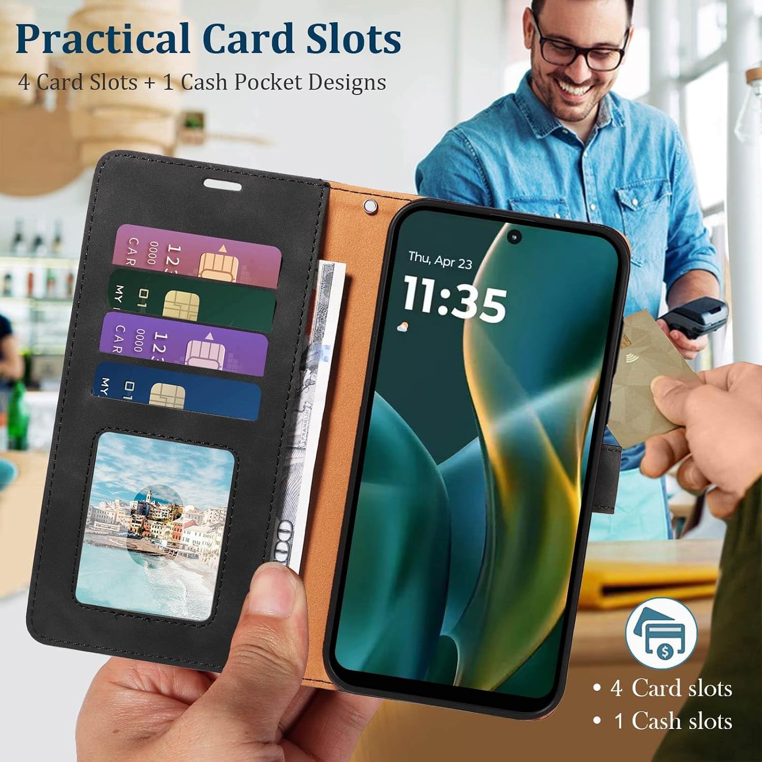 RFID Blocking Wallet for Moto G 2026/2025 Case, for Moto G Play 2026 Case, PU Leather Folio Flip Cover with 4 Card Slots, Wrist Strap, Kickstand, Shockproof Protective (Black)