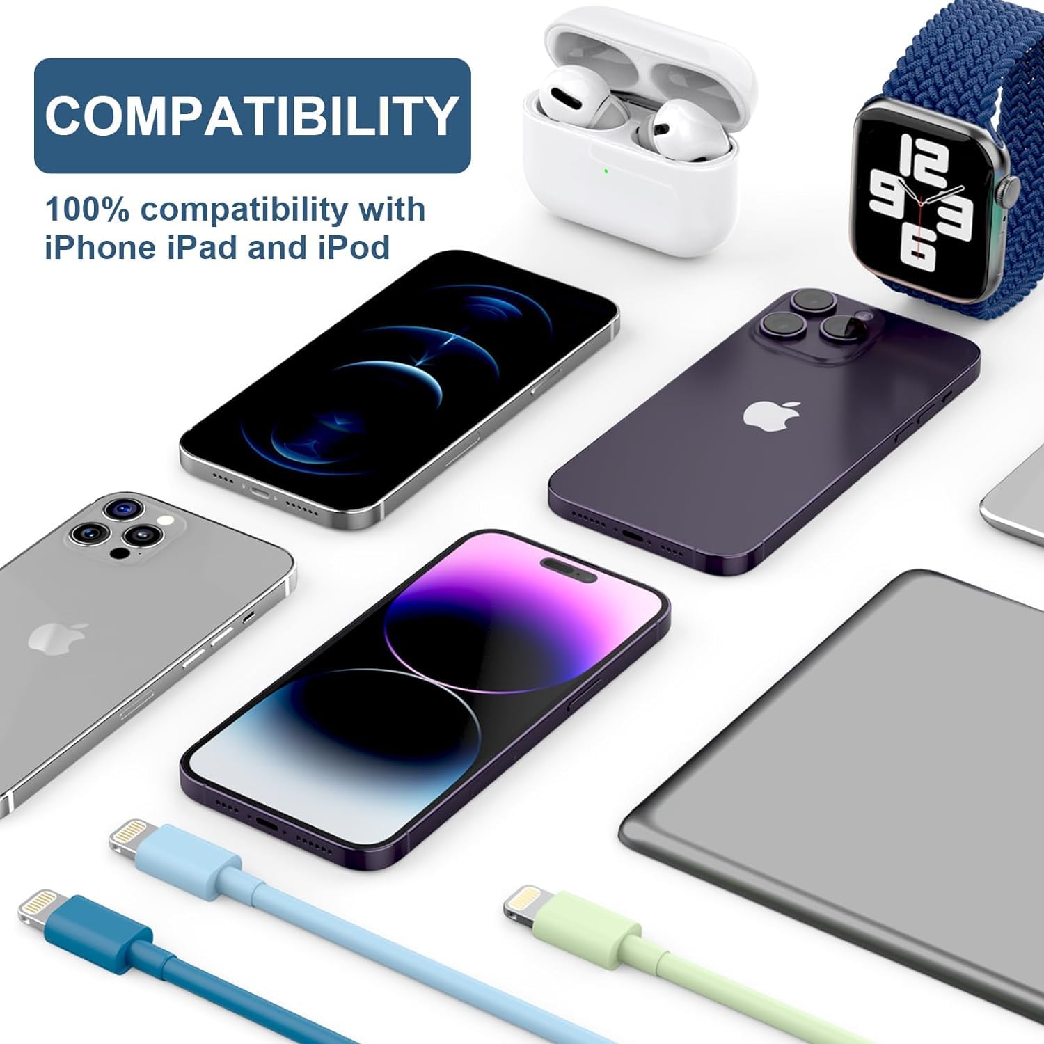 6Pack iPhone Charger (3/3/6/6/6/9 FT) Apple MFi Certified Multiple Colour Lightning Cable Fast Charging High Speed Transfer Cord for iPhone 14 13 12 11 Pro Max XR XS X 8 7 6 Plus SE iPad