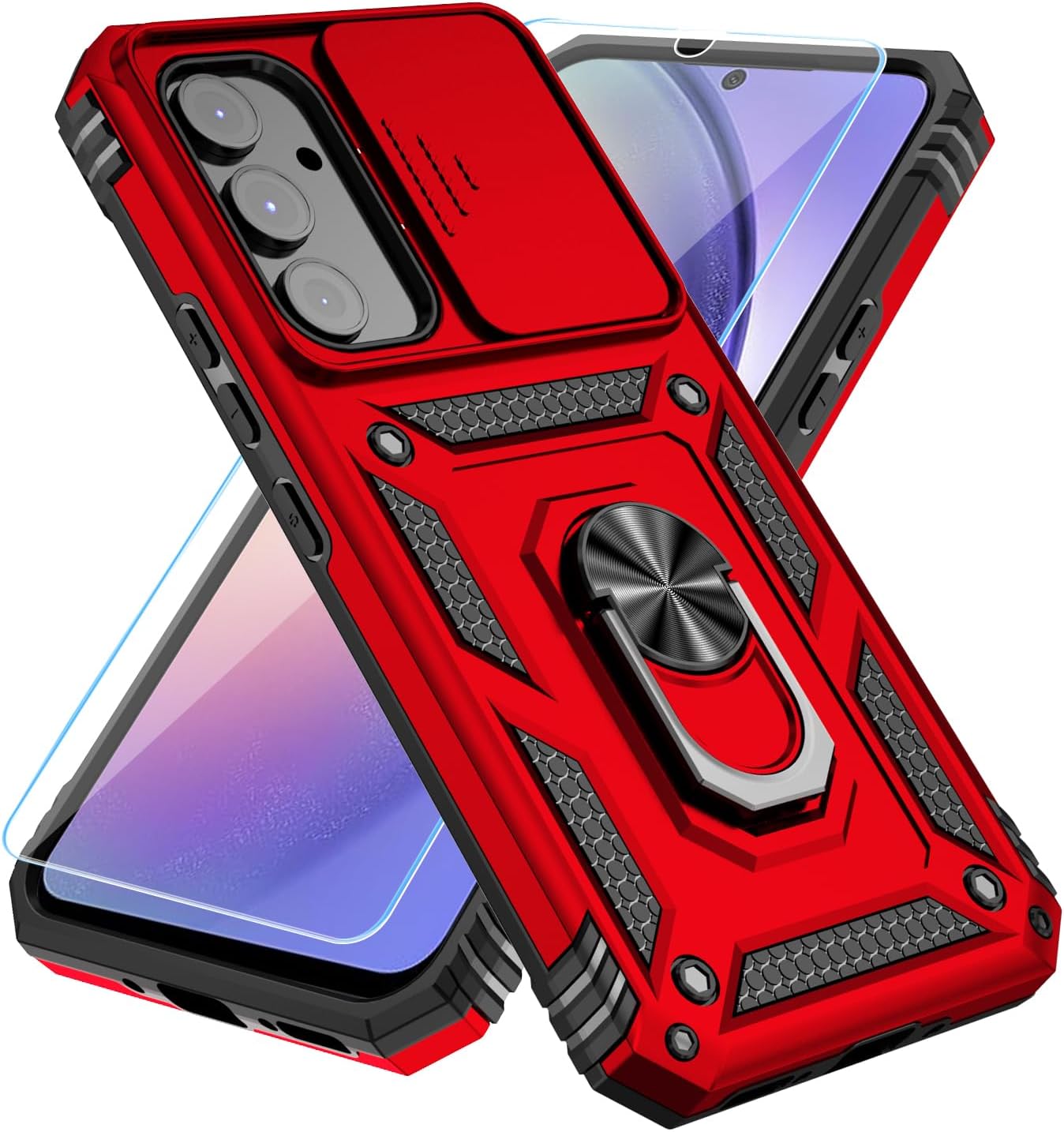 SunStory Phone Case for Samsung Galaxy A14 5G Case with HD Screen Protector & Slide Camera Cover & Rotated Ring Kickstand, [Military-Grade] Phone Case for Galaxy A14 5G,Red