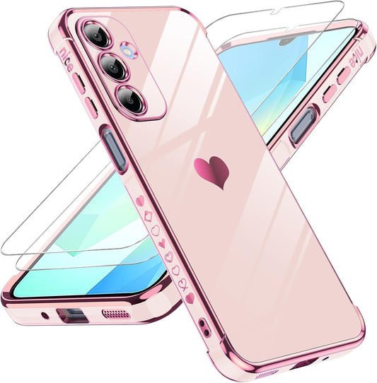 LeYi for Galaxy A16-5G Phone Case: Tempered Glass Screen Protector [2 Pcs]+ Full Camera Lens Protection,Love Heart Plating Luxury Shockproof Phone Case para Samsung A 16 5G Cute,Pink