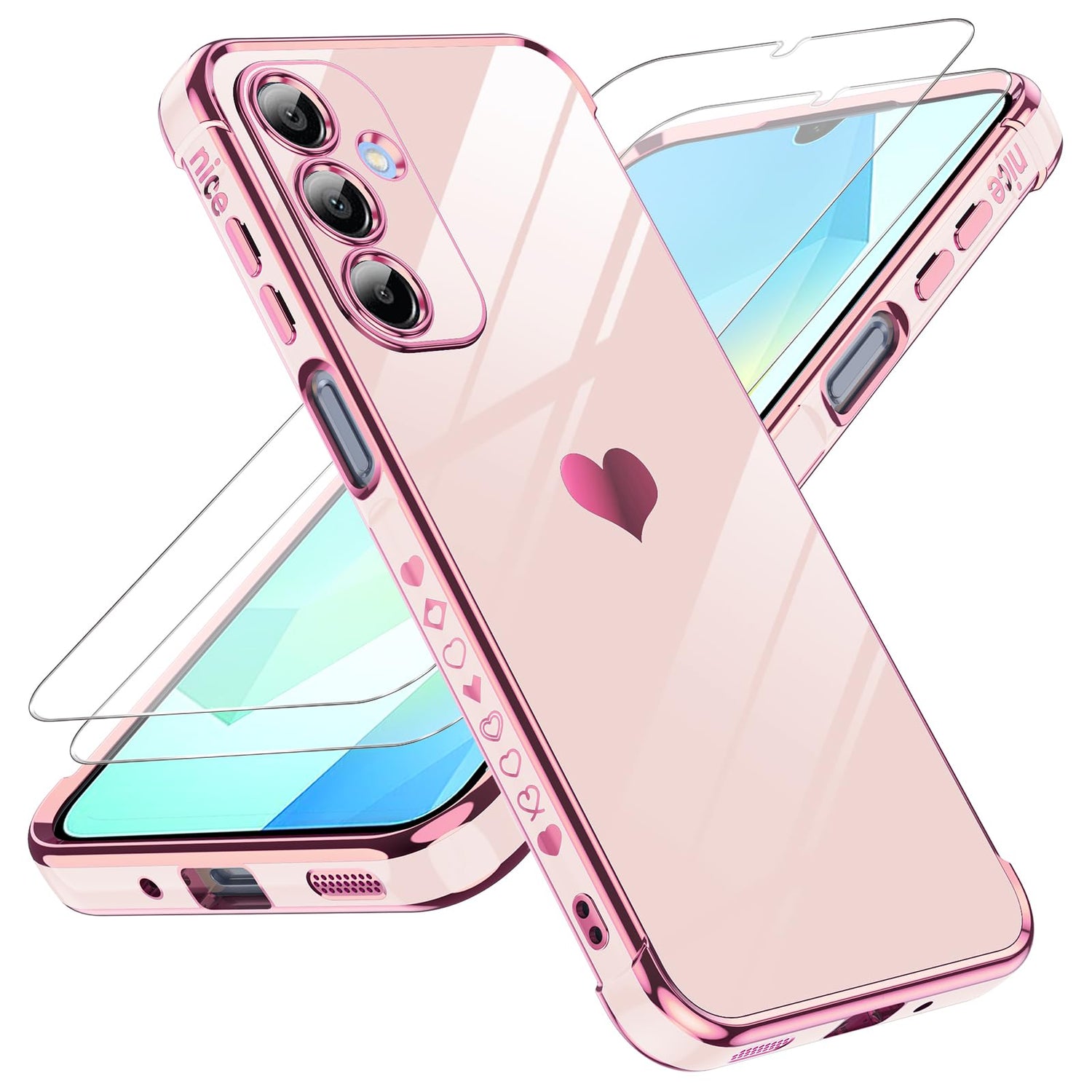 LeYi for Samsung Galaxy A14 5G Case: with Tempered Glass Screen Protector [2 Pcs]+ Full Camera Lens Protection, Love Heart Plating Girly Luxury Shockproof Case for A 14 5G, Pink